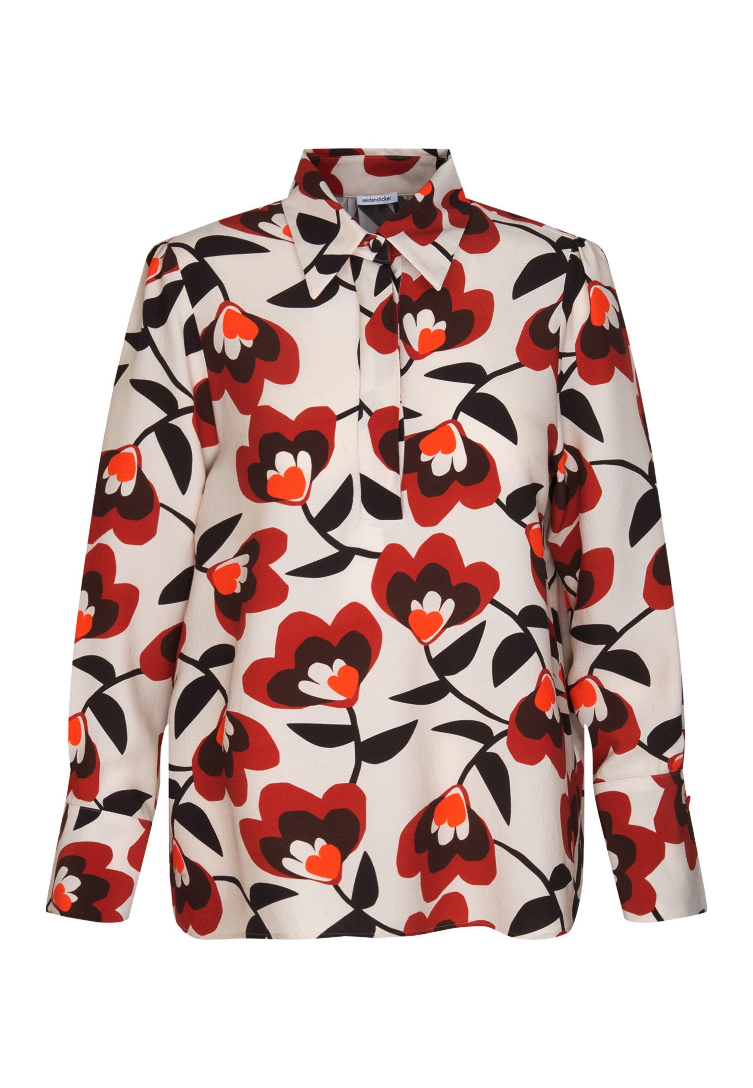 seidensticker Overhemdblouse Zwarte roos Lange mouwen kraag print