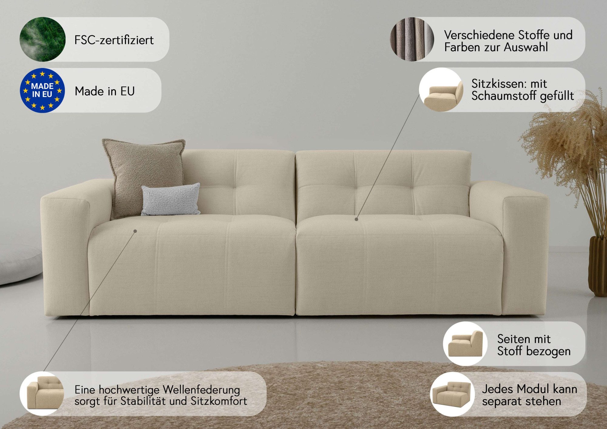 INOSIGN 3-zitsbank Tapley Breedte 220 cm, fijne structuur, met knoopstiksel, vloerhoog