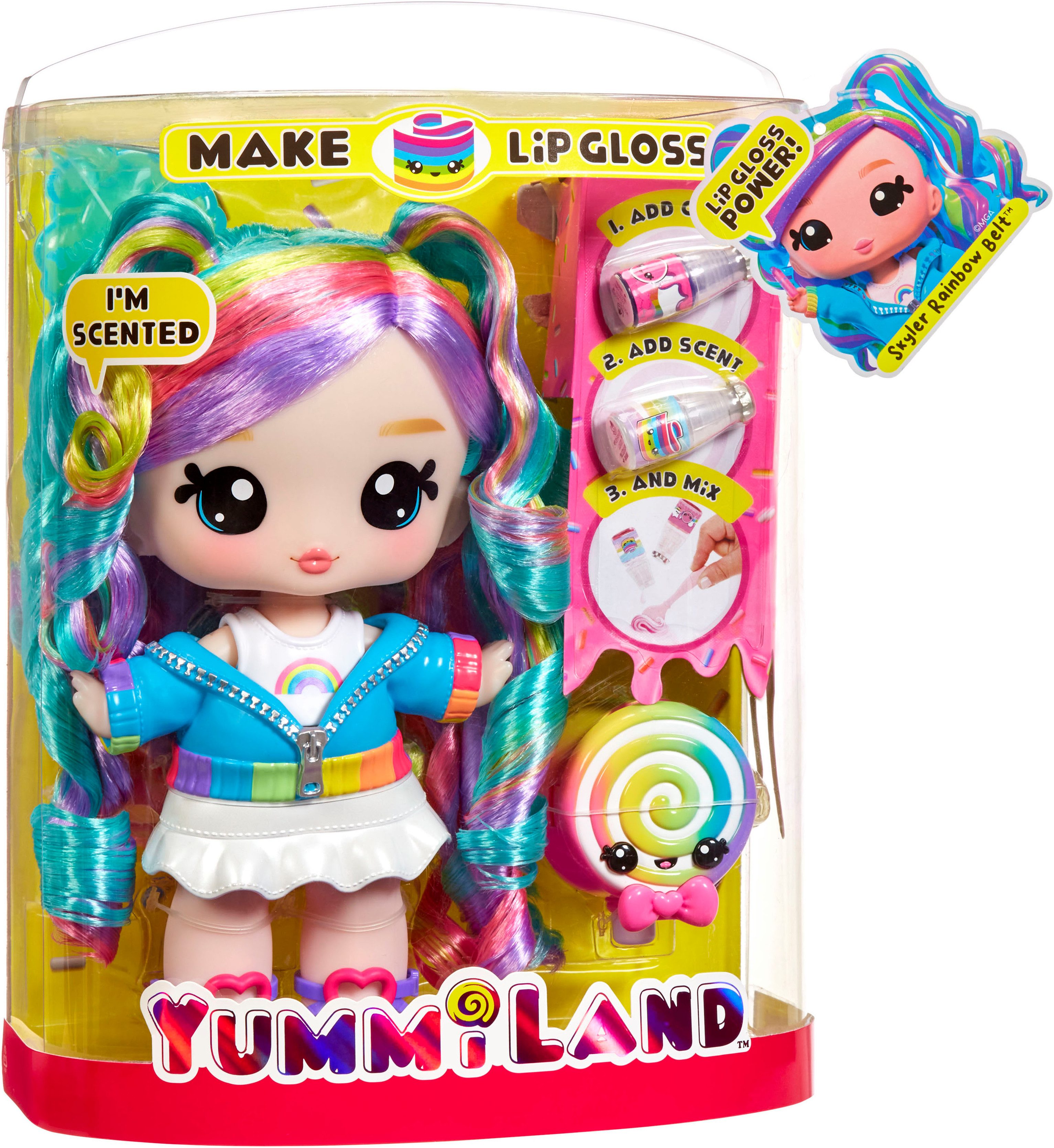 Aankleedpop Yummiland Large Doll + Lip Gloss Pet- Rainbow (Skyler Rainbow Belt)