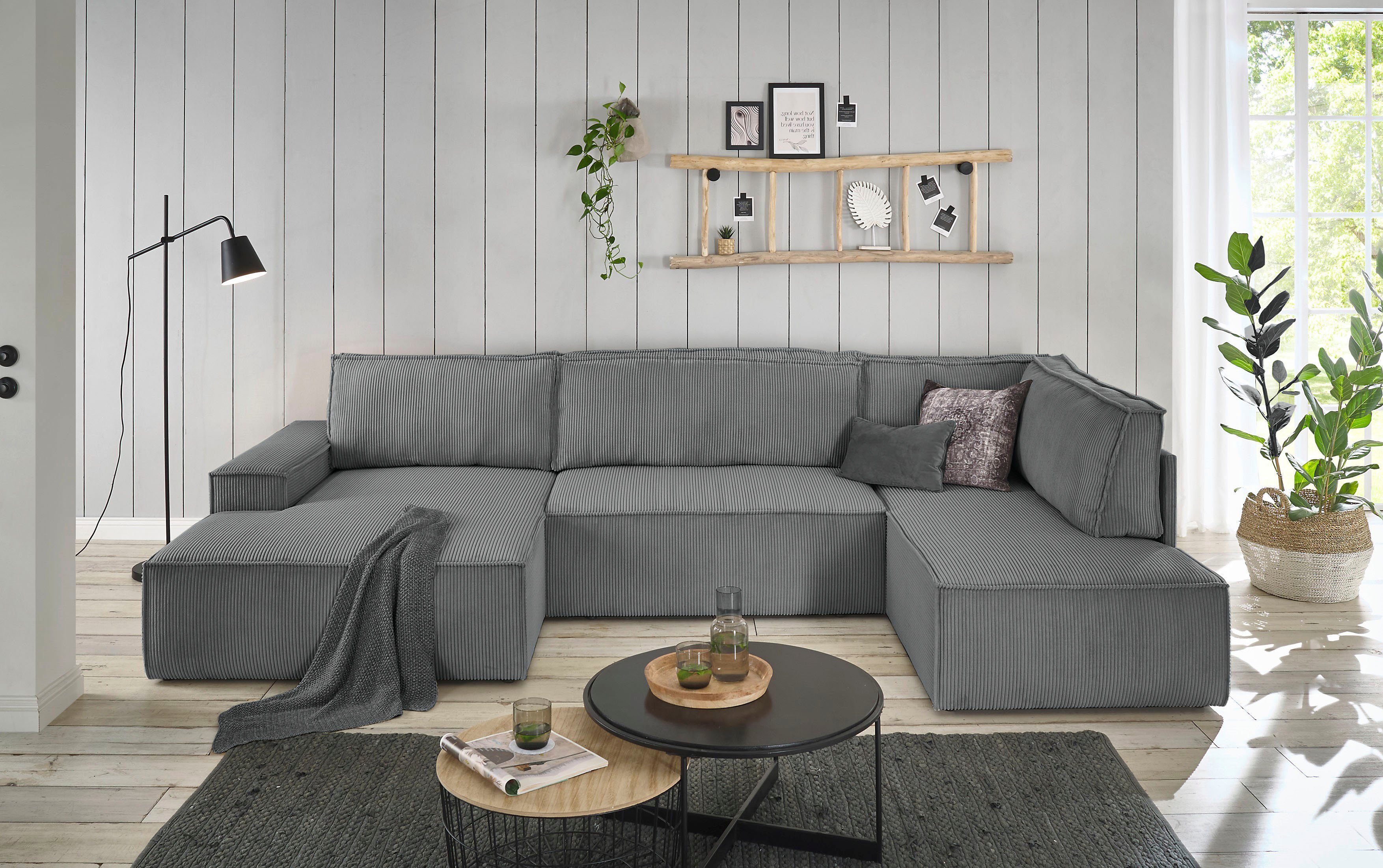 Home affaire Zithoek SHERWOOD 329 cm, U-vorm, slaapbank, Slaapfunctie met bedkist (194x139 cm), cord, vintage, fluweel