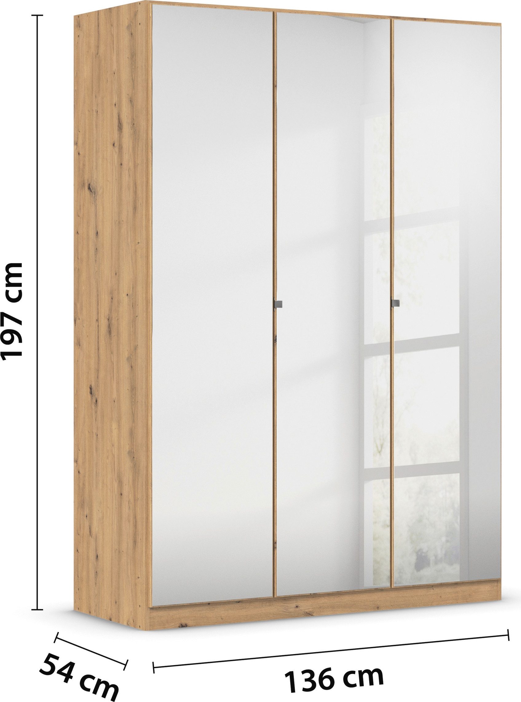 rauch Draaideurkast Reflect met spiegelfront, inclusief praktische interne indeling en stoffen dozen-set