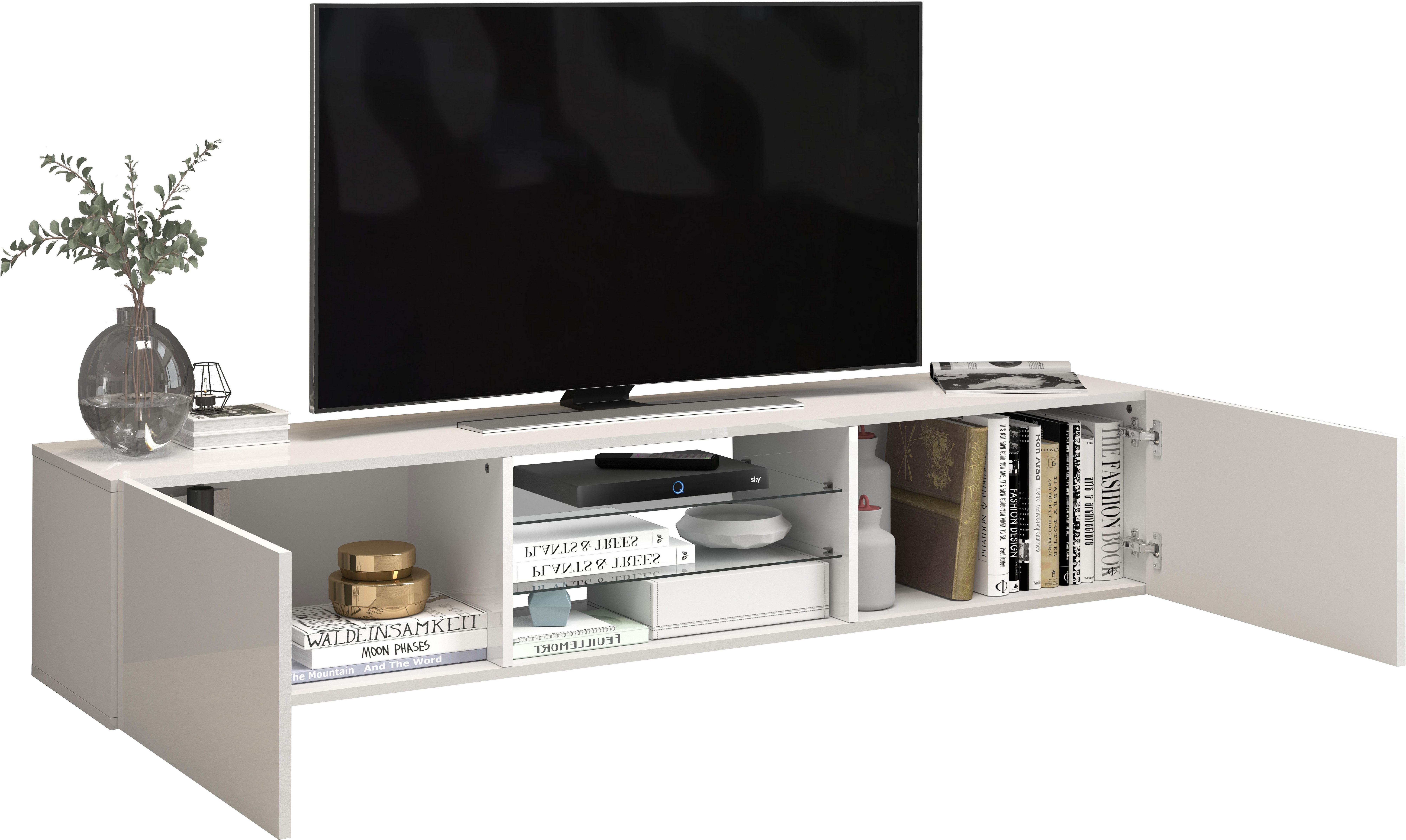 INOSIGN Tv-meubel Egypt, Lowboard, TV-ladekast, TV-meubel, TV-bank met 2 kleppen, 2 glazen planken, volledig hoogglans gelakt (b/d/h) 180x38x35 cm