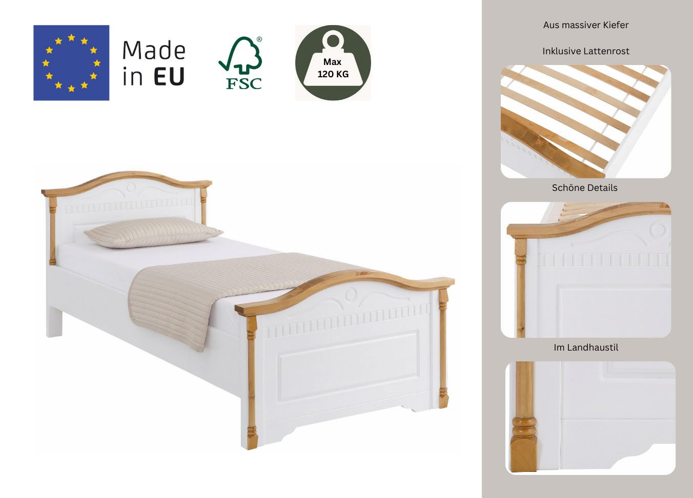 Home affaire Massief houten ledikant Graz, hoge belasting, klassieke landelijke stijl, FSC® gecertificeerd