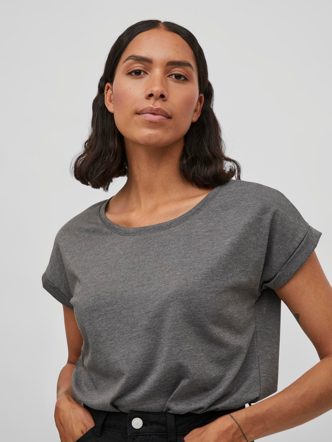 Vila Shirt met ronde hals VIDREAMERS NEW PURE T-SHIRT/SU-NOOS Basic dames T-shirt met ronde hals en omgeslagen mouwen