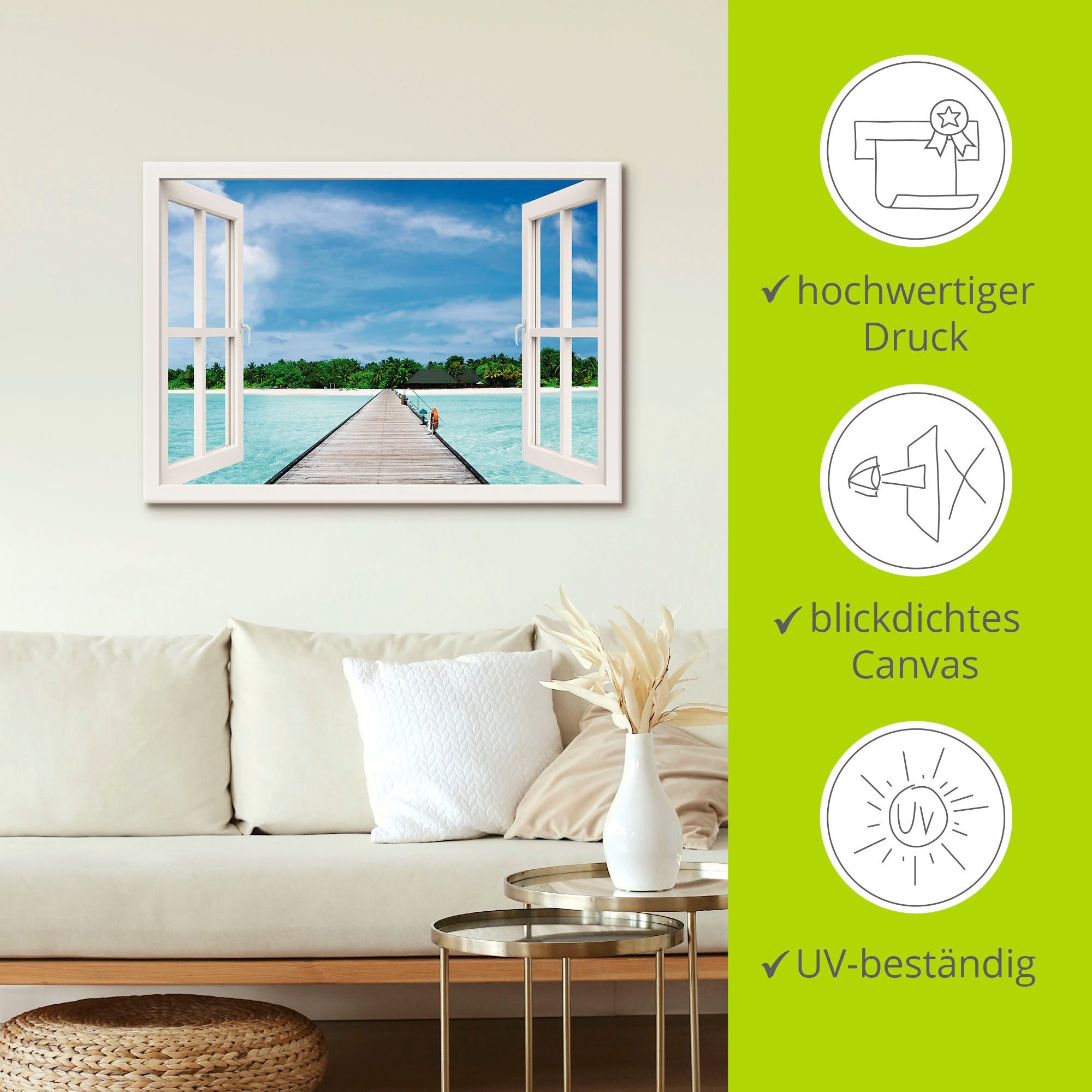 Artland Artprint Blik uit het venster Maldivisch paradijs als artprint op linnen, poster, muursticker in verschillende maten