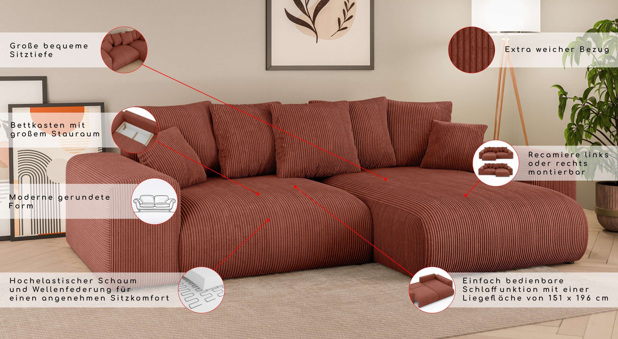 Home affaire Hoekbank LAKESIDE met bedfunctie en bedlade, B/D/H 257/166/84 cm L-vorm, recamiere aan beide zijden monteerbaar, golfondersteuning