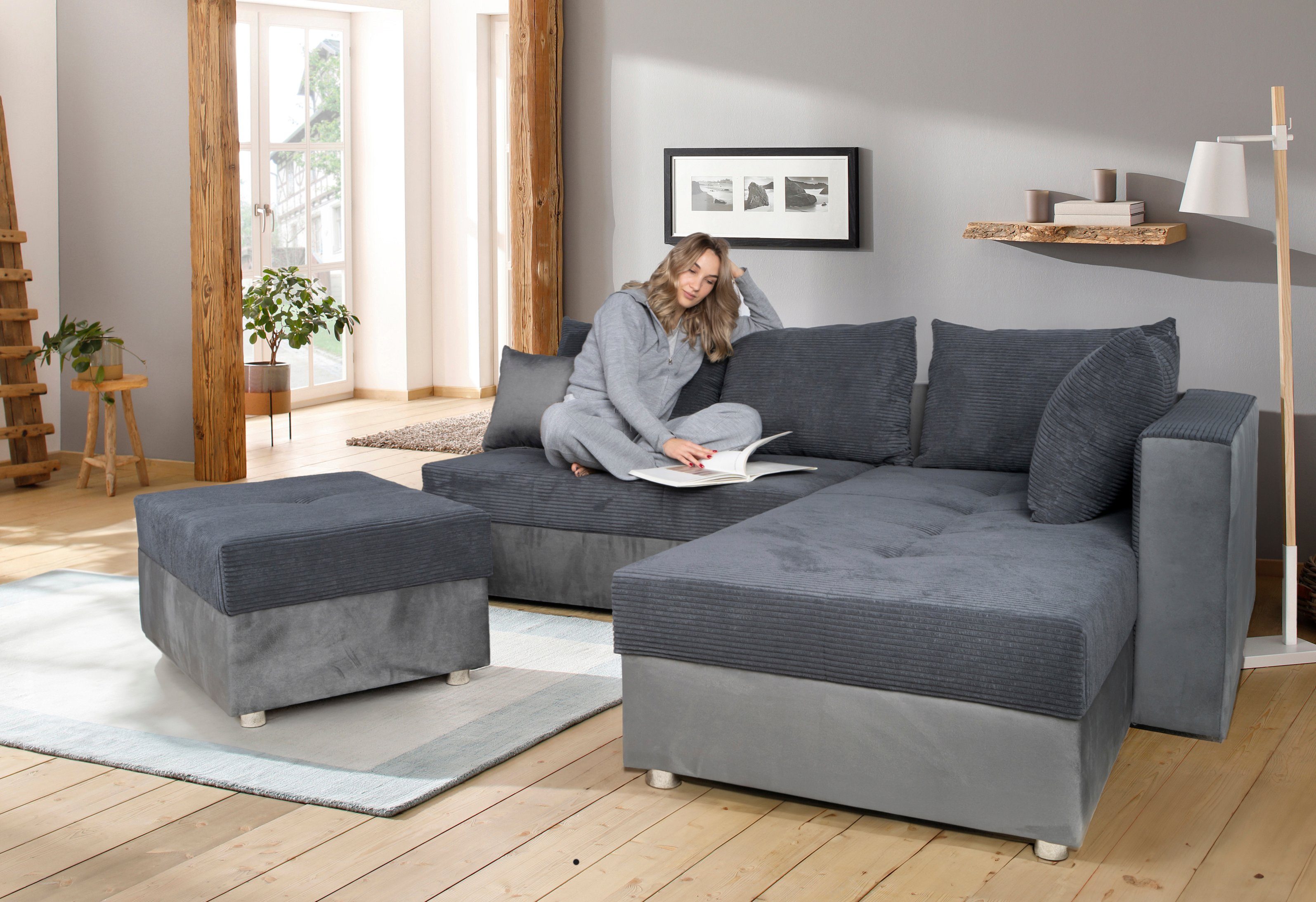 COLLECTION AB Hoekbank Italia L-vorm met slaapbank functie en bedbox, in mix van fluweel en ribfluweel