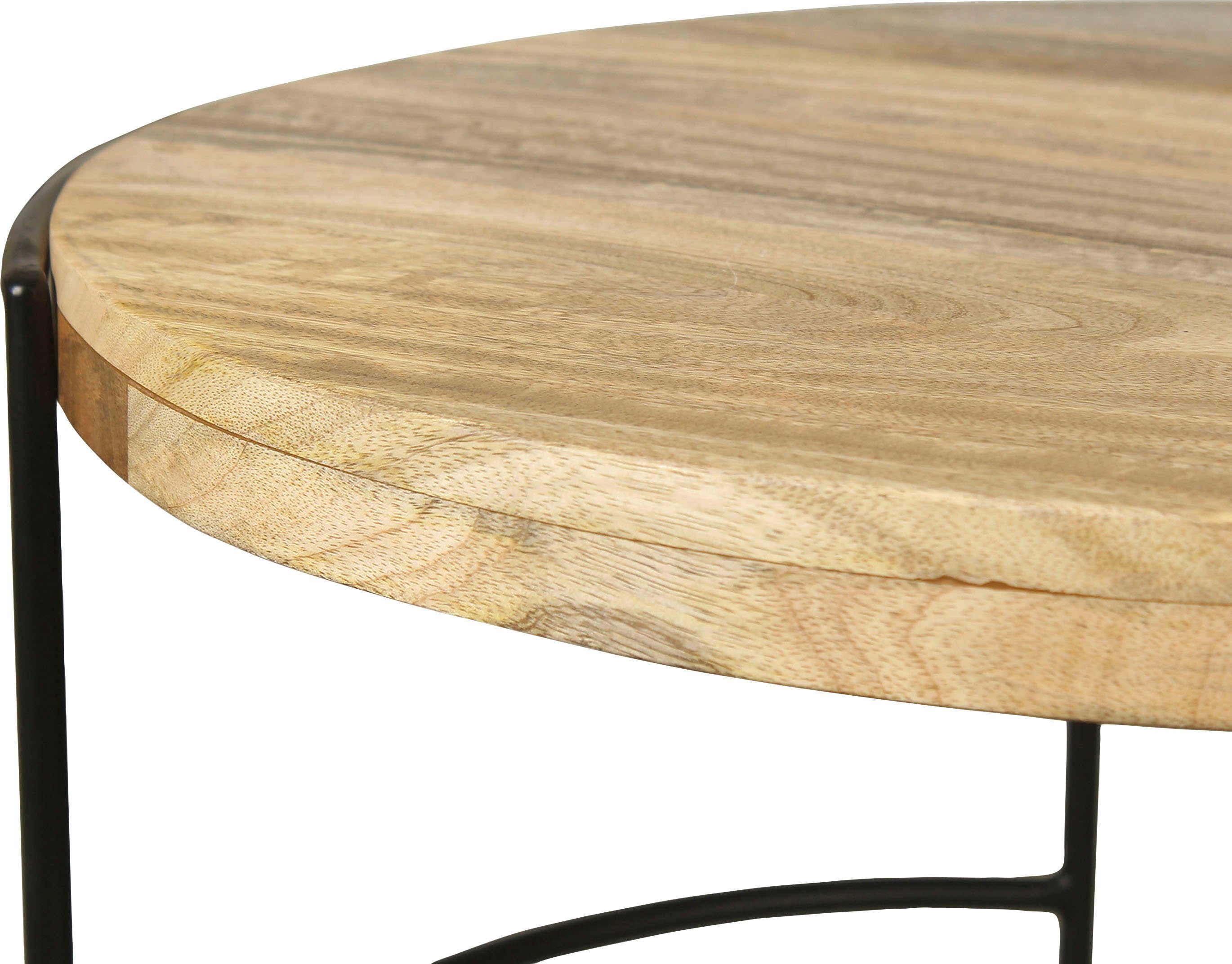 byLIVING Salontafel Hanna massief mango tafelblad 35 mm en zwarte metalen poten, rond 60 cm