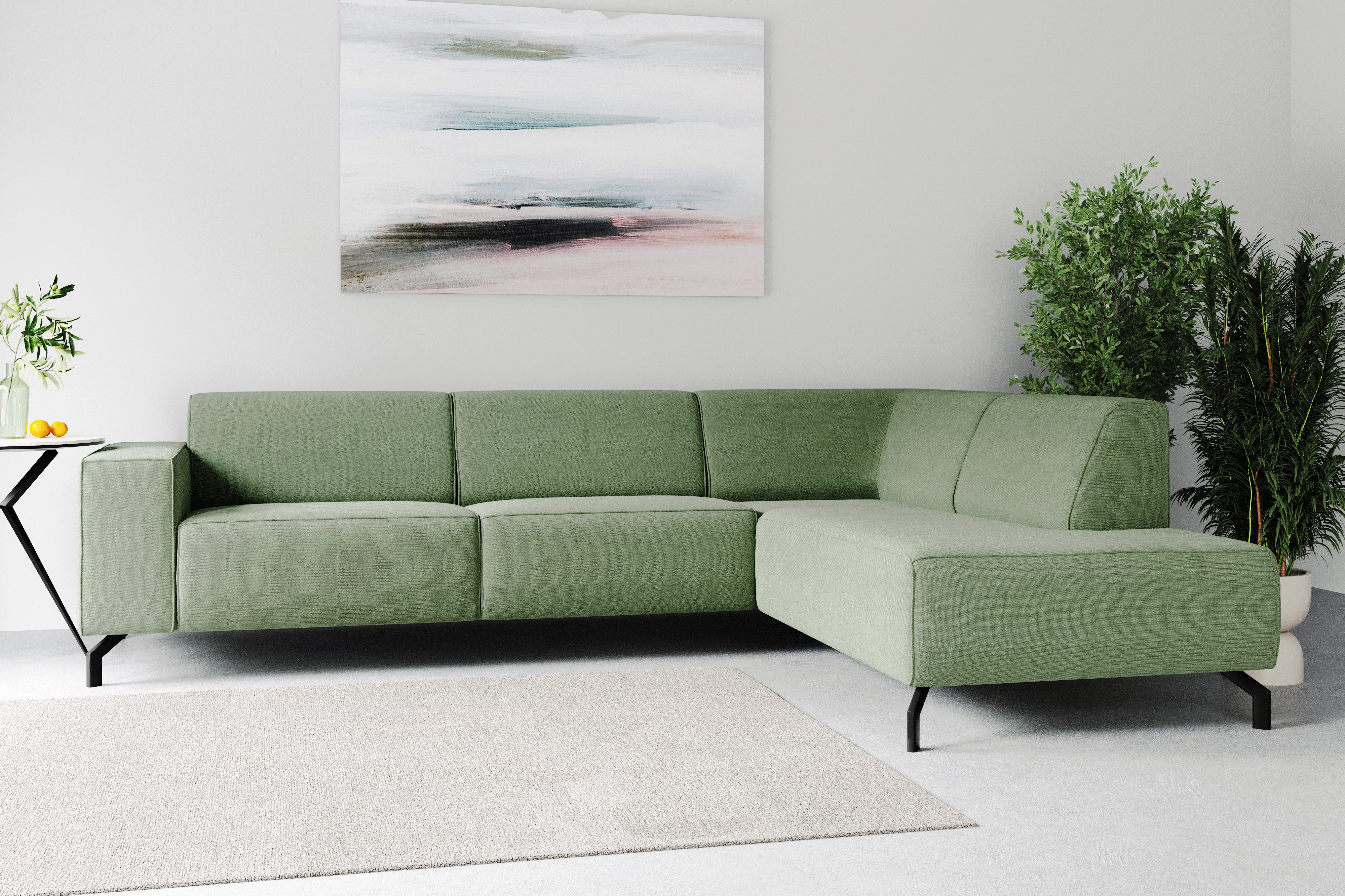 Places of Style Hoekbank Lorcan, breedte 275 cm, zacht zitgevoel met zwarte metalen poten, lederlook en zachte structuurstof