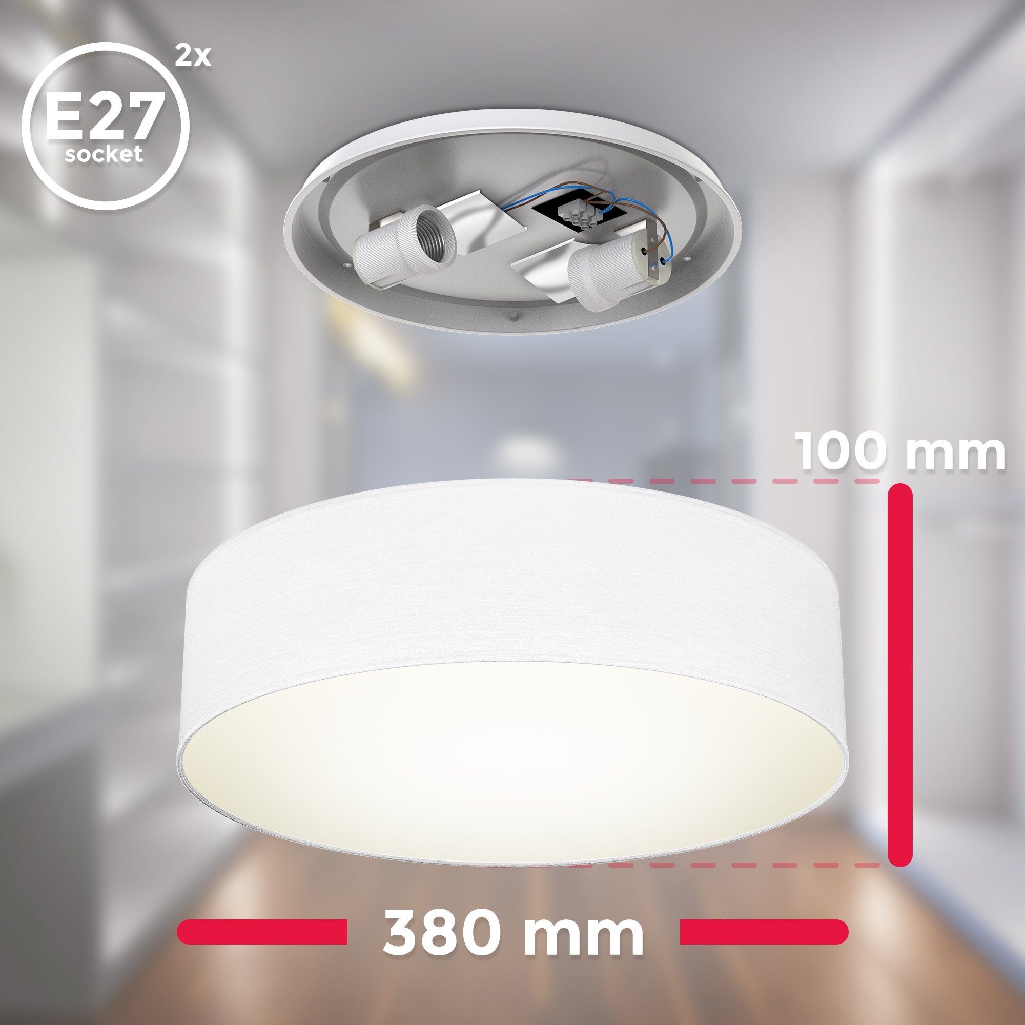 B.K.Licht Led-plafondlamp LED plafondlamp textielschaal woonkamer slaapkamer taupe 2xE27