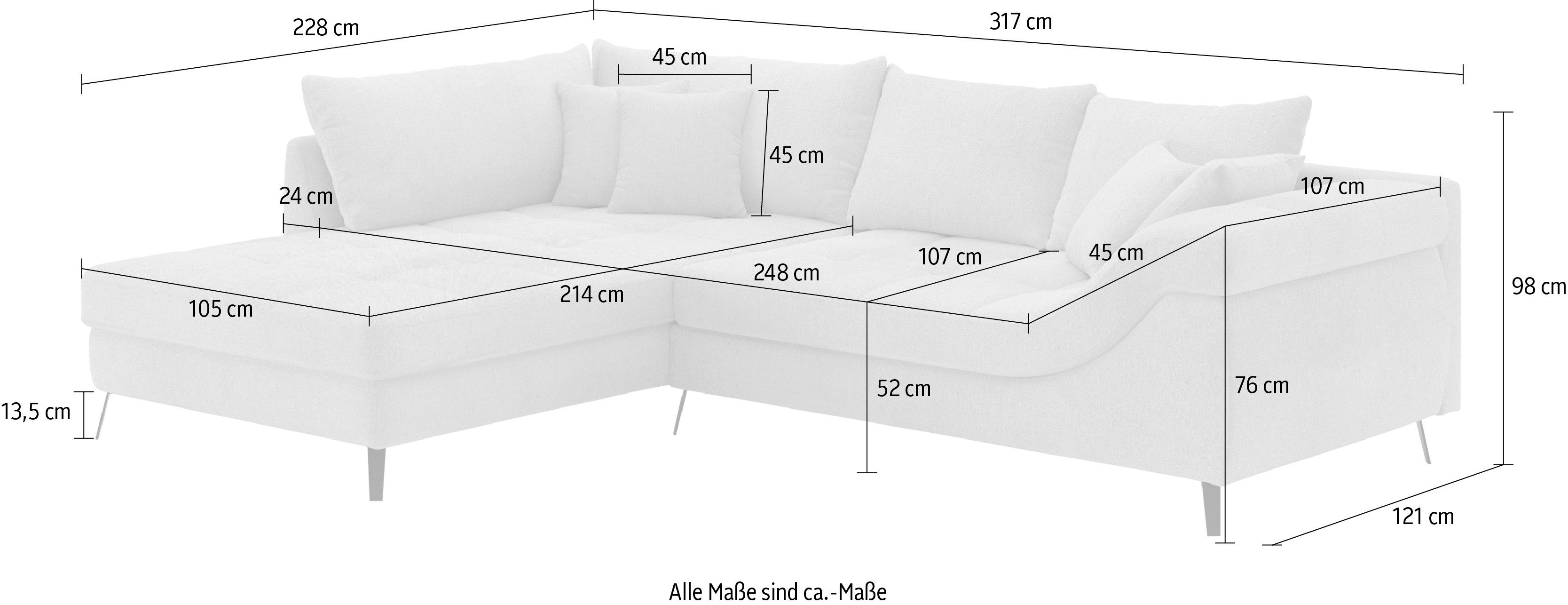 Mr. Couch Hoekbank Portofino L-vorm 4 bekledingskwaliteiten, 13,5 cm hoge metalen profielvoeten in mat zwart