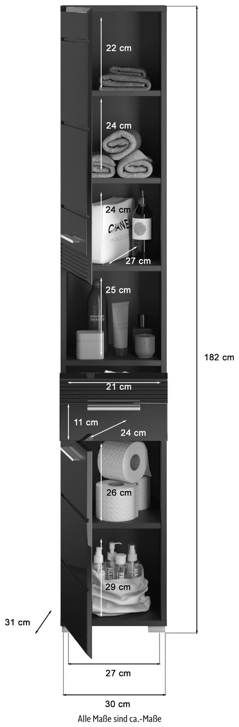 INOSIGN Hoge kast Malmö, Breedte 30 cm, 2 deuren, 1 lade, 1 open vak, MDF-front in verschillende kleuren verkrijgbaar, badkamermeubels, badkamerkast, kast, badkamer