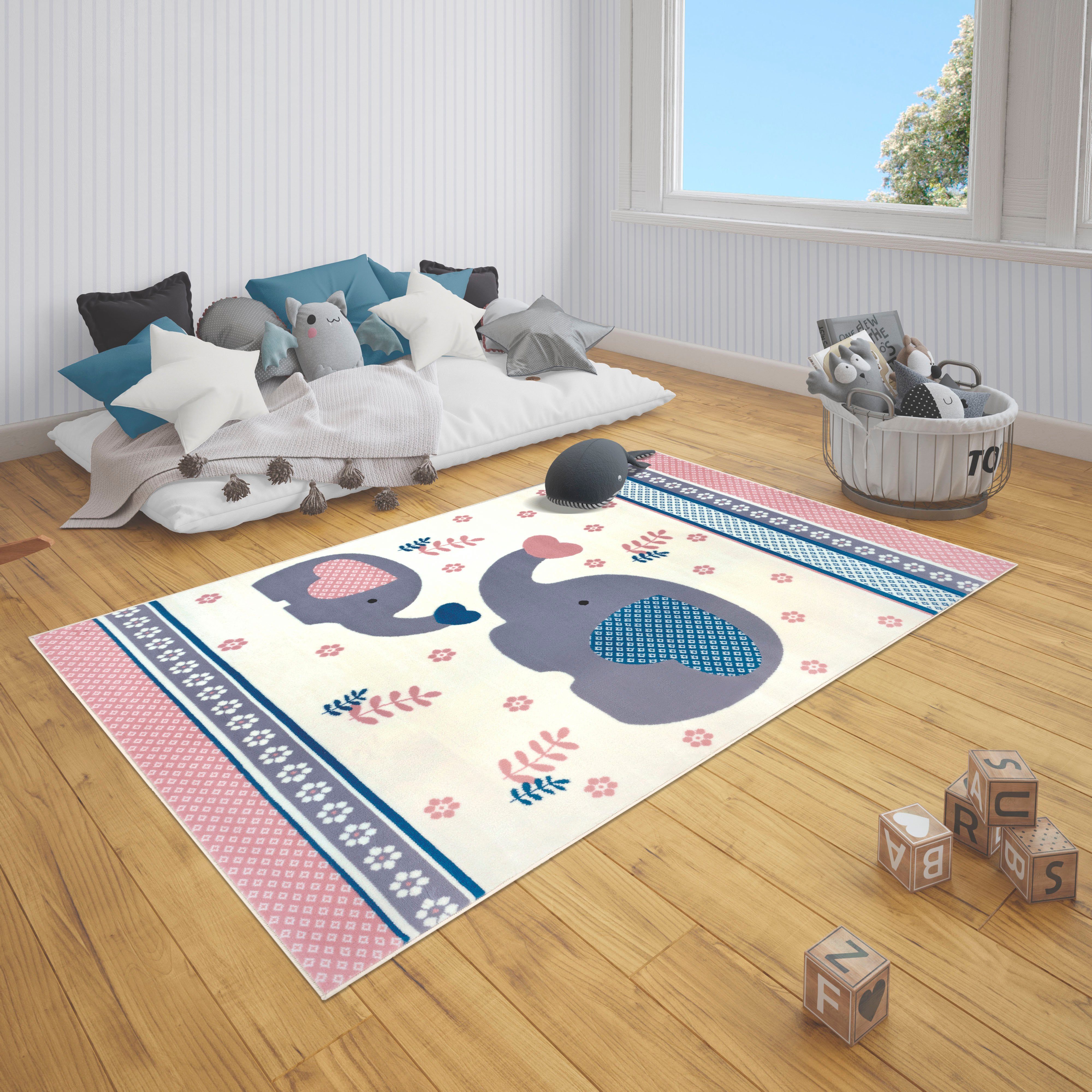 HANSE Home Kindervloerkleed Happy Elefant Hart, bloem, diermotief, korte pool,slijtvast, gemakkelijk in onderhoud, robuust