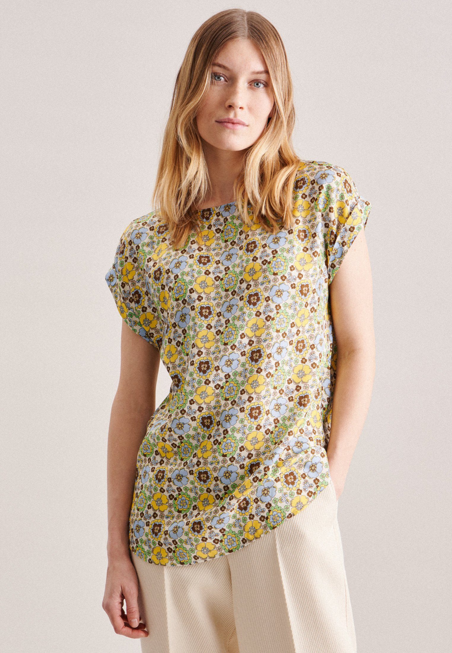 seidensticker Shirtblouse Zwarte roos Korte mouwen ronde hals print