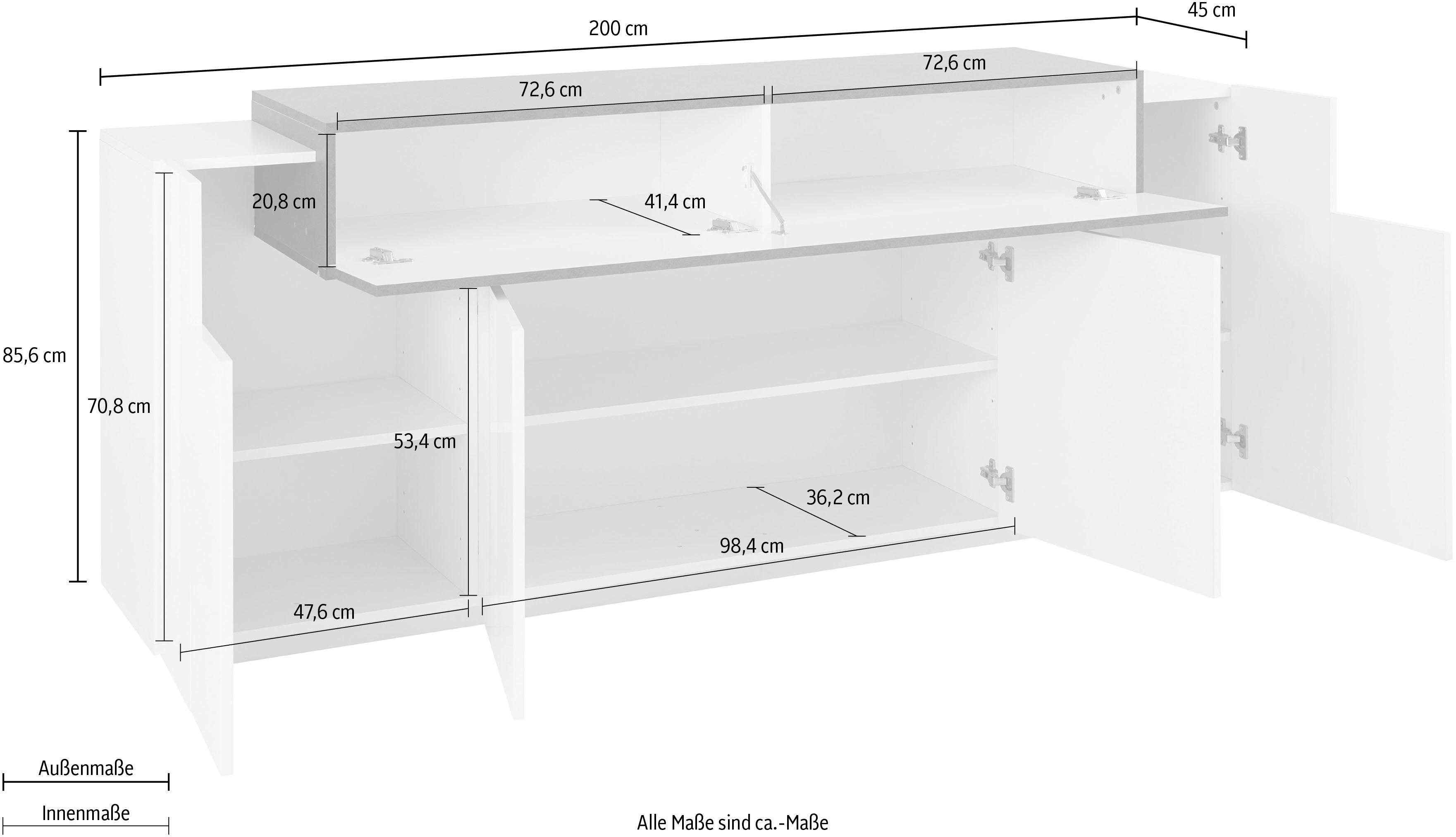 INOSIGN Dressoir Coro, commode, kast, buffet, greeploos met legplanken 1 klep, 4 deuren, dubbele diepte, bxdxh 200x45x85,6 cm
