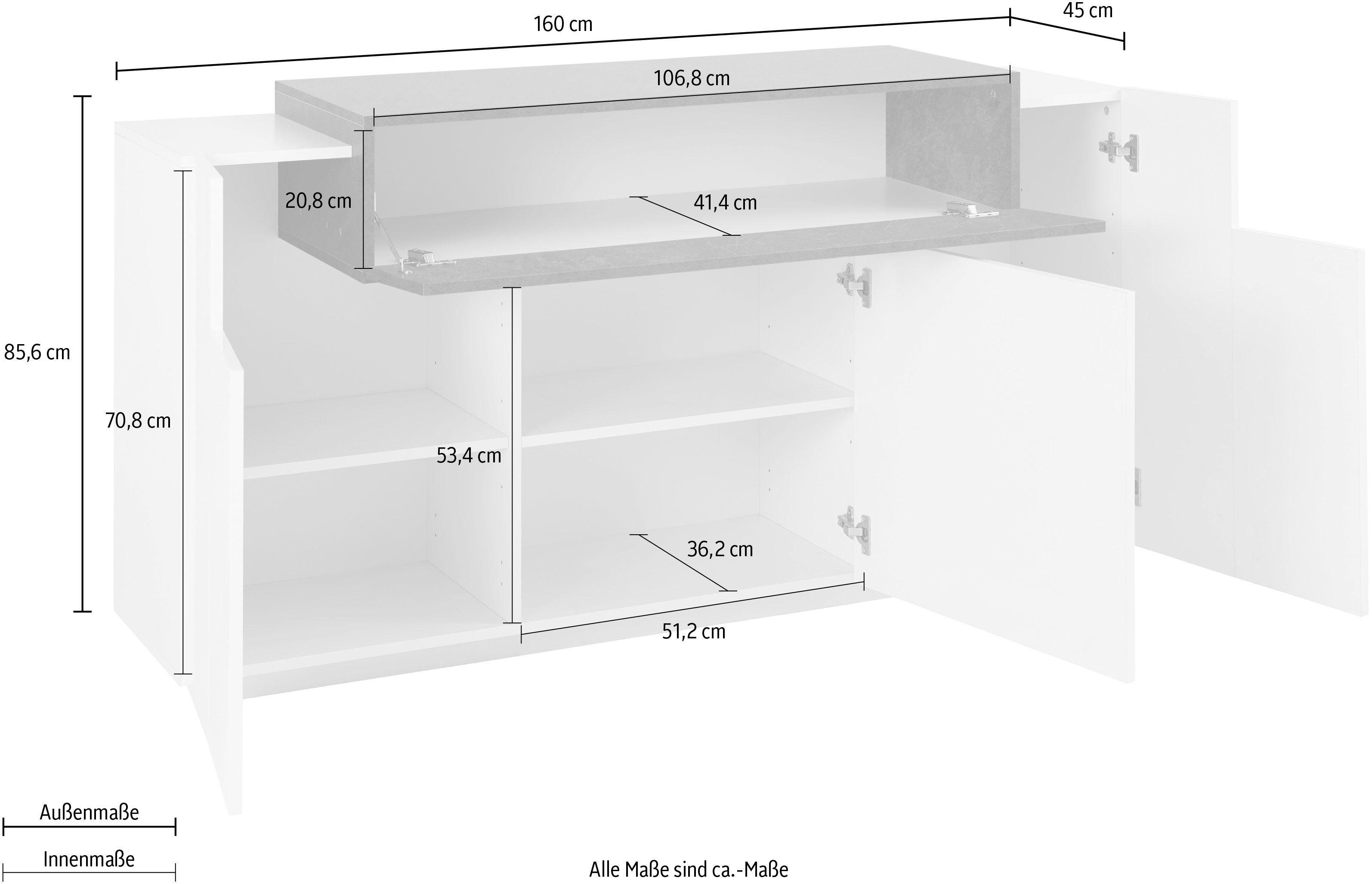 INOSIGN Dressoir Coro, commode, kast, buffet, greeploos met legplanken met 1 klep, 3 deuren, dubbele diepte bxdxh 160x45x85,6 cm