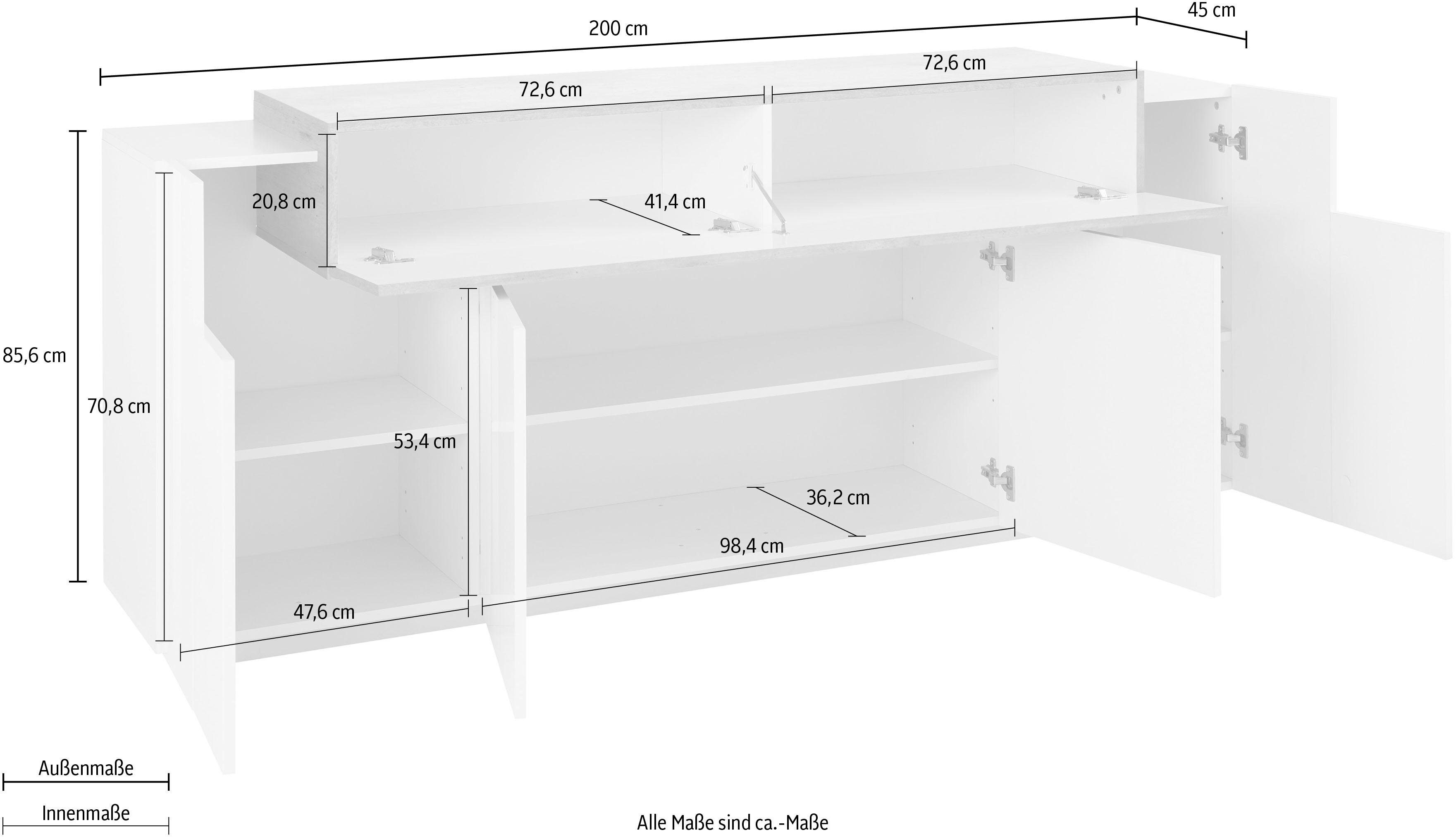 INOSIGN Dressoir Coro, commode, kast, buffet, greeploos met legplanken 1 klep, 4 deuren, dubbele diepte, bxdxh 200x45x85,6 cm