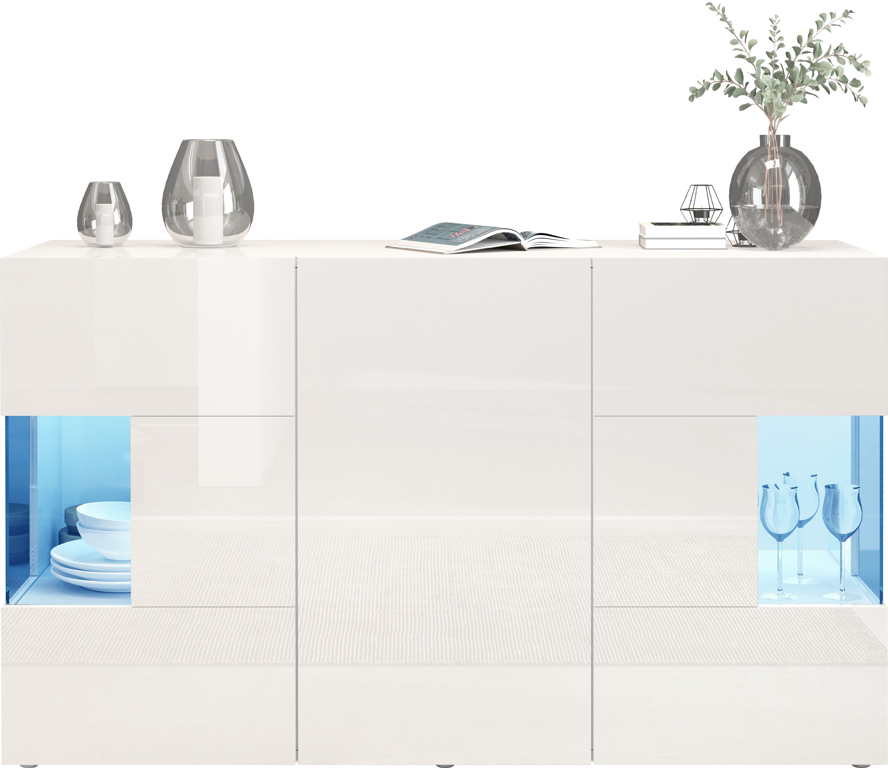 INOSIGN Dressoir Egypte, Ladekast, Kast, Buffet, Vitrine greeploos 3 deuren waarvan 2 met glaselement, volledig hoogglans gelakt breedte 135