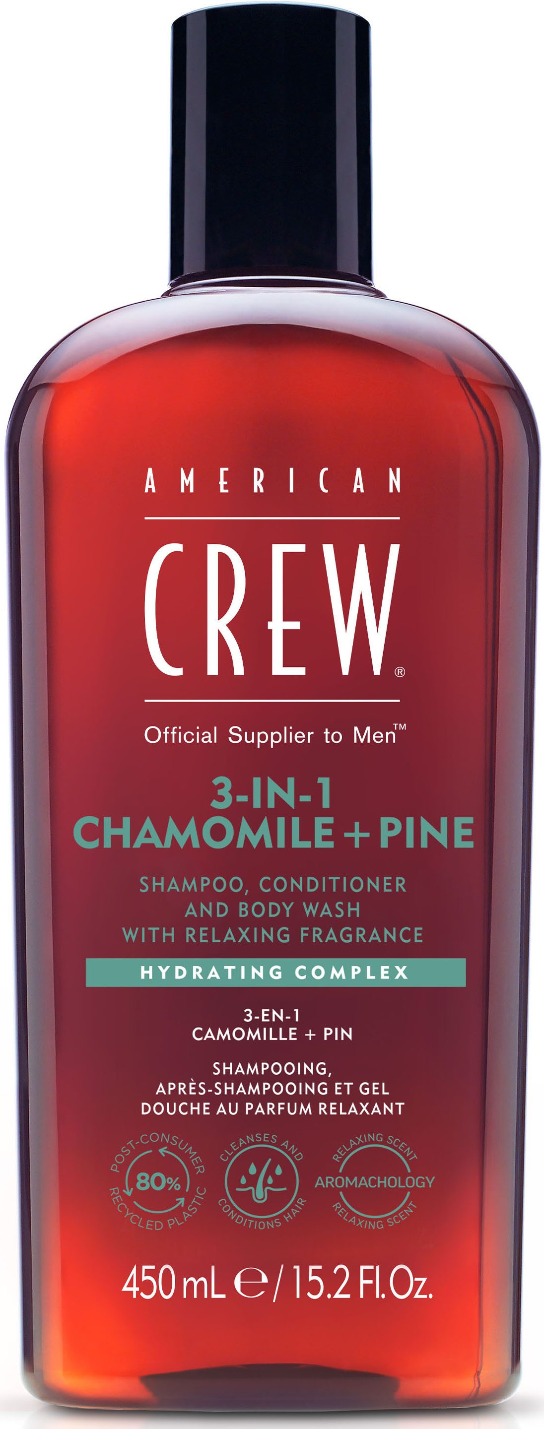 American Crew Haarshampoo 3-in-1 chamomile & pine shampoo, conditioner & body wash 450 ml (1-delig)