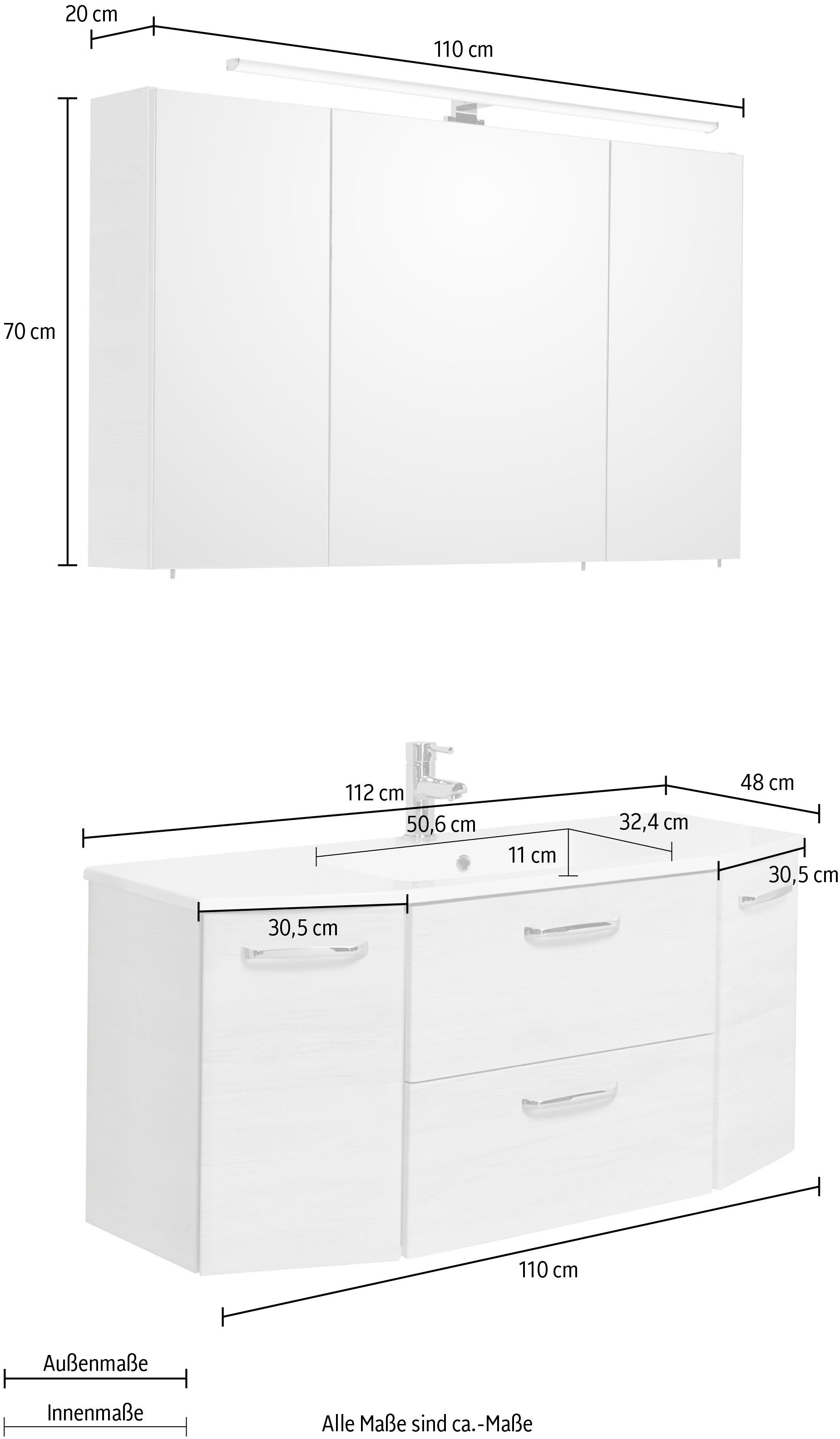 Saphir Badkamerserie Quickset 2-delig, mineralenmarmer wastafel met LED-spiegelkast Onderkast met wasbak, inclusief deurdemper, grepen glanzend chroom (set, 2-delig)