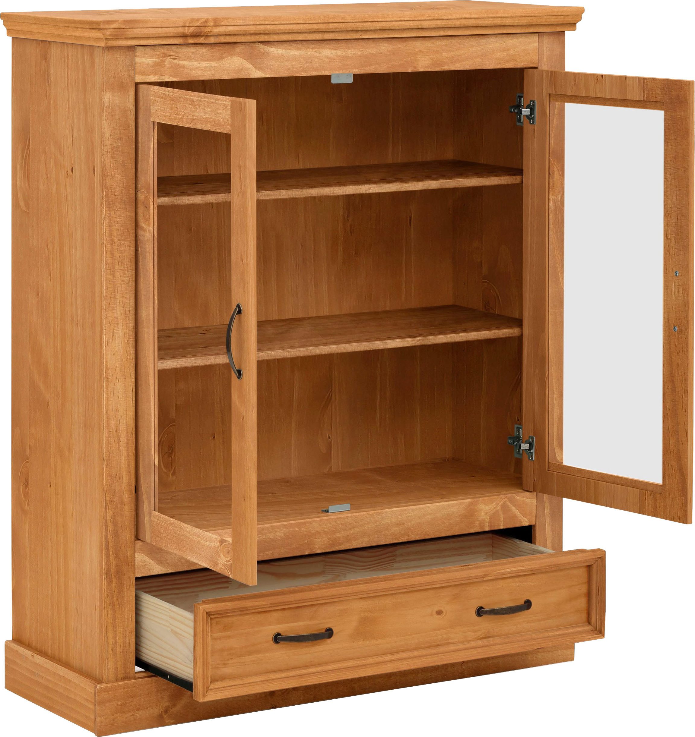 Home affaire Vitrinekast Selma Highboard gemaakt van massief grenen, met metalen handgrepen in een antieke look