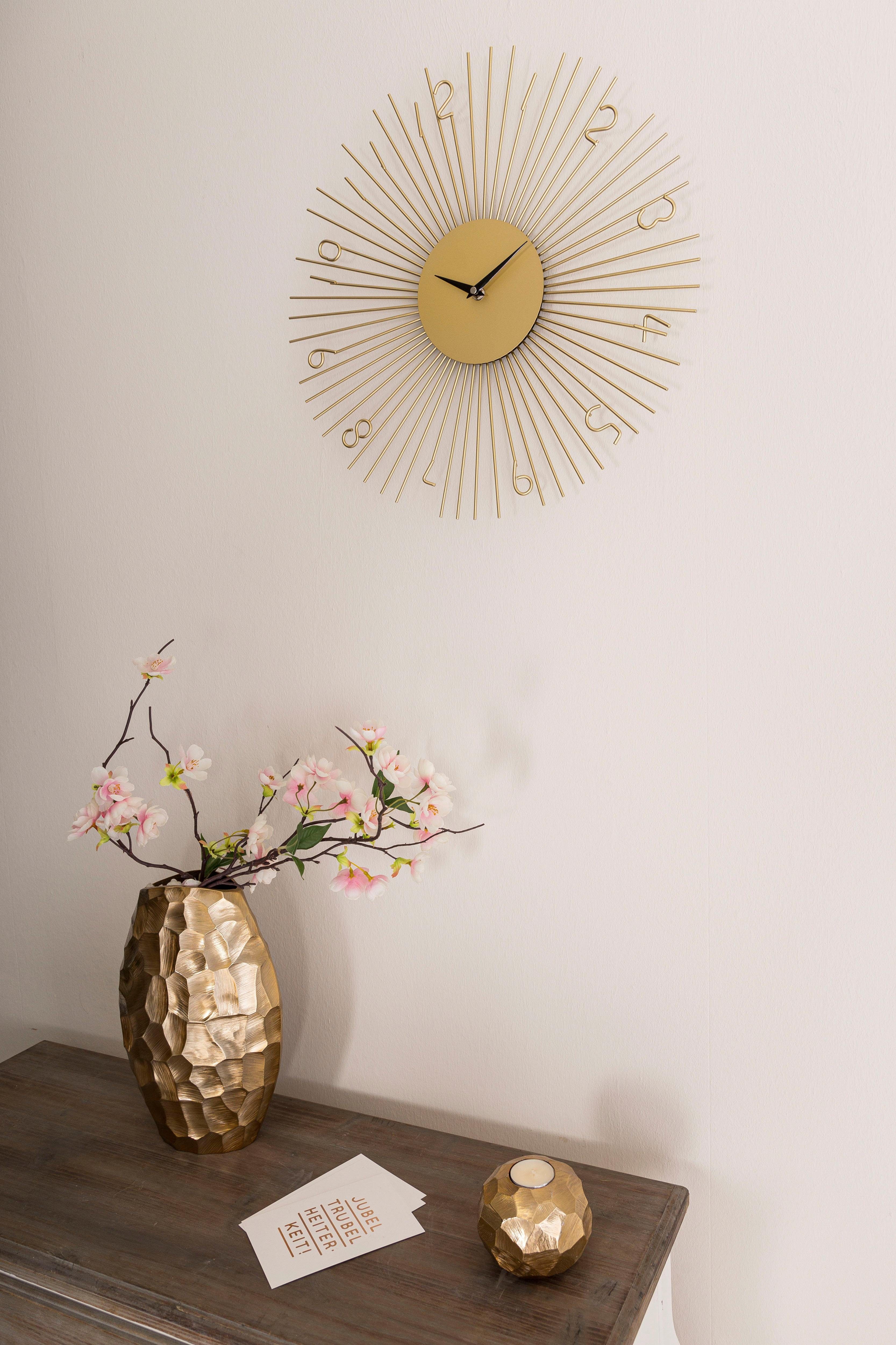 Leonique Wandklok - Gold - goud, rond, ø 45,5 cm, van metaal, zon, ideaal in de woonkamer (1-delig)