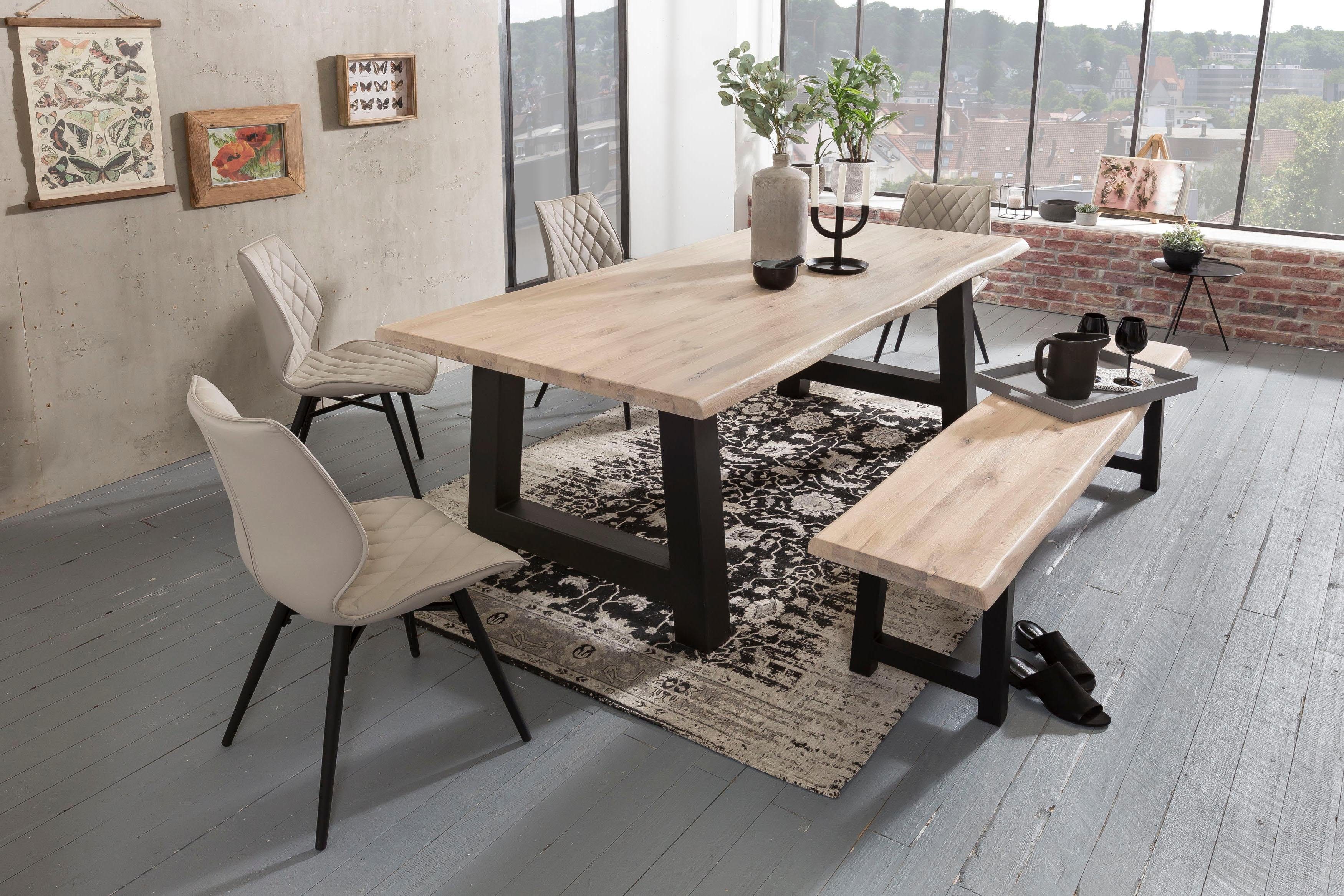 Home affaire Eettafel TRISTAN massief balkeik geolied in boomstam-look eettafels maat 180 cm x 77 cm x 90 cm beige