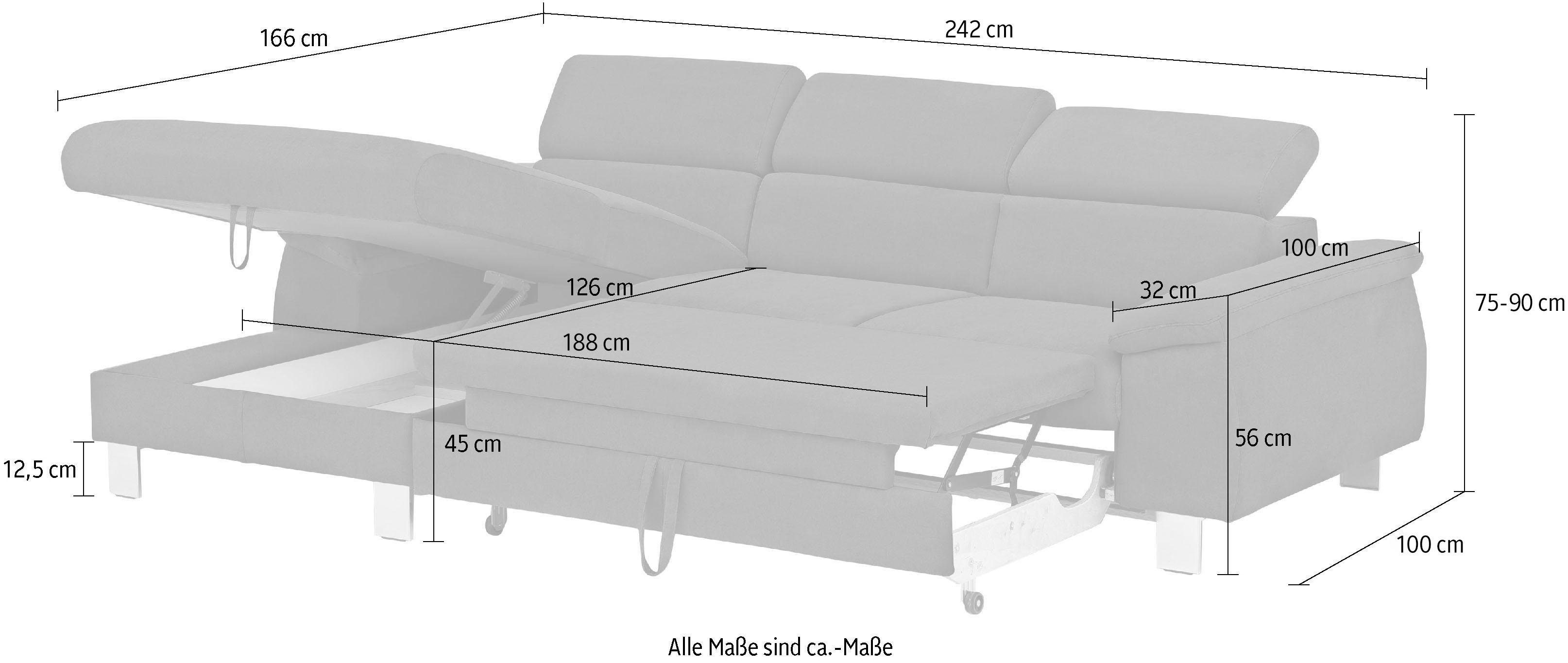 COTTA Hoekbank Komaris L-vorm met hoofdeindeverstelling keuze met bedfunctie, bedlade & verlichting
