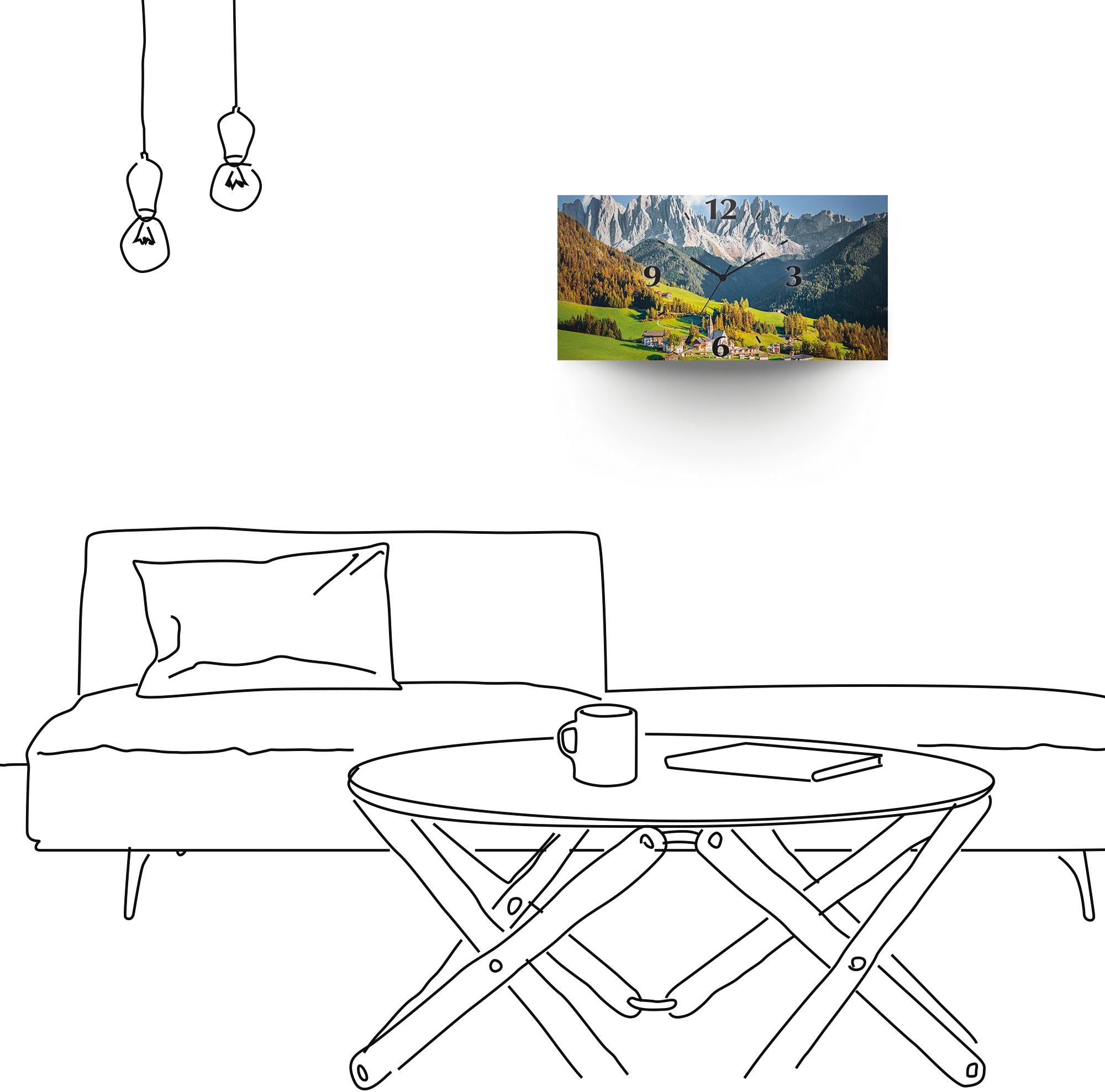 Artland Wandklok Alpen bergen Santa Maddalena 3d-look geschulpt, met kwarts- of radiografisch uurwerk, verschillende maten