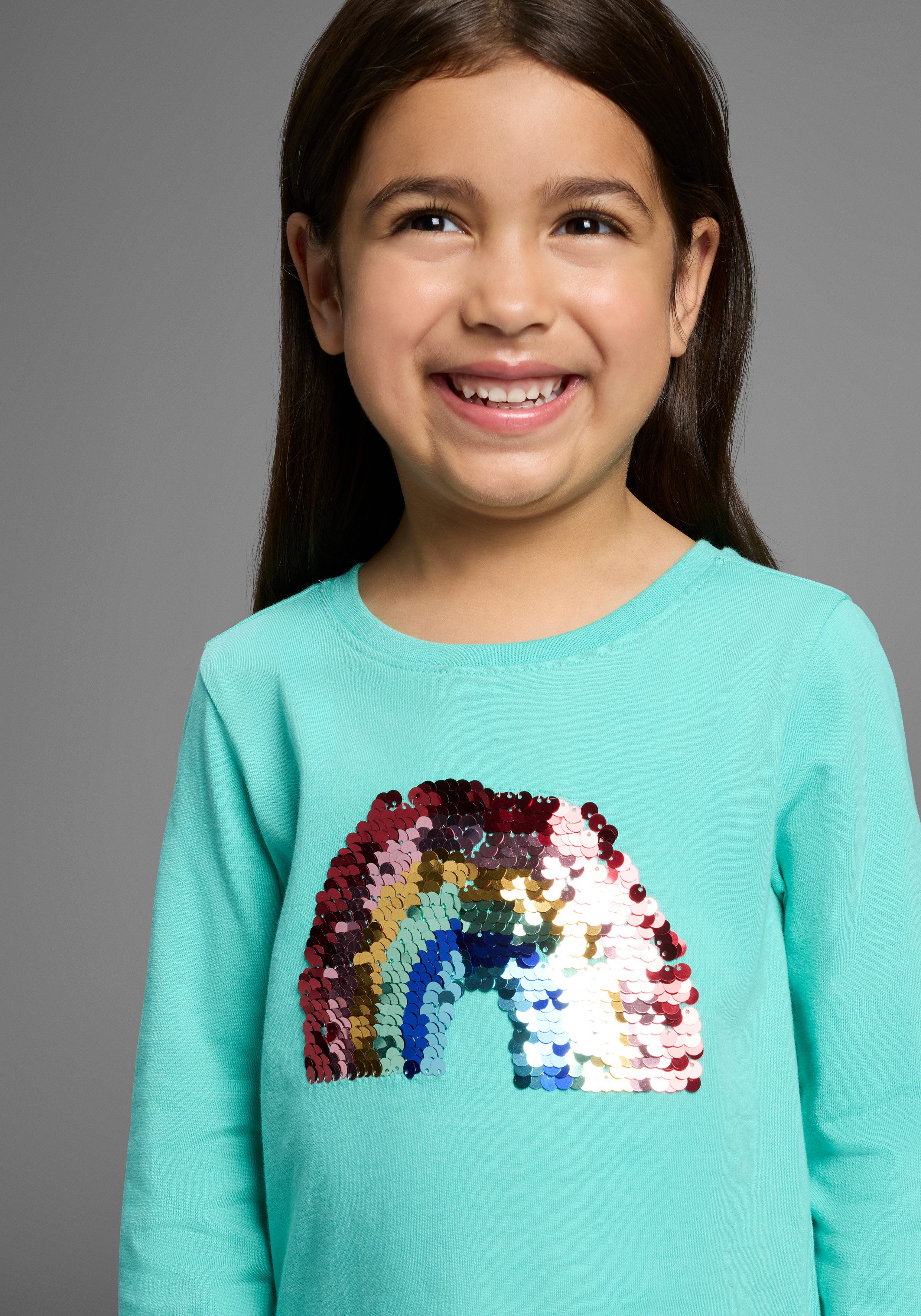 KIDSWORLD Shirt met lange mouwen Regenboog pailletten-applicatie Lange mouwen, basic pasvorm, met glanzende pailletten-applicaties