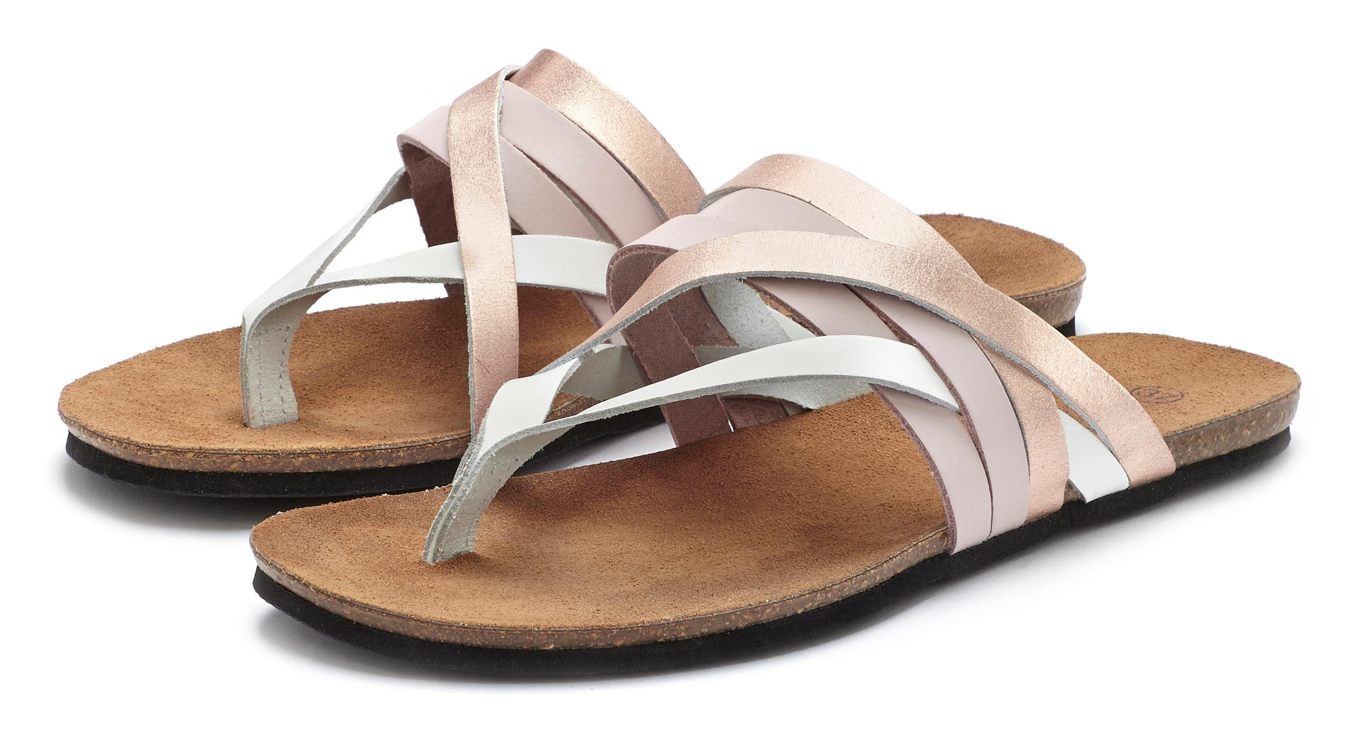 Lascana Teenslippers Sandaal, pantoletten van leer met kurken voetbed dames teenslippers maat 38 roze