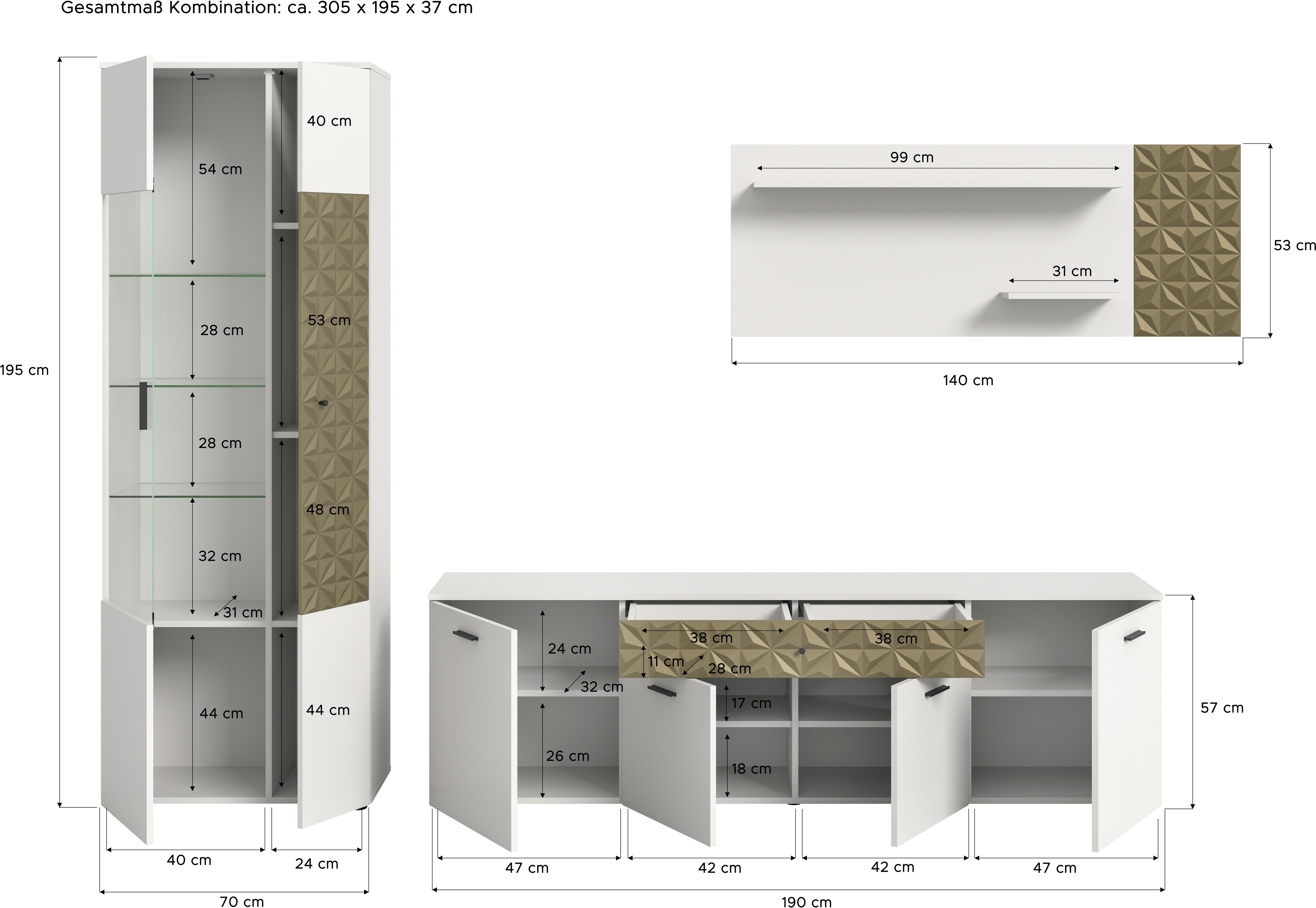 INOSIGN Wandmeubel Vicenza, 3-delig, bestaande uit: vitrine, lowboard, wandplank met ornamentafwerking, combinatie, aanbouwwand, tv-wand, kastwand (3-delig)