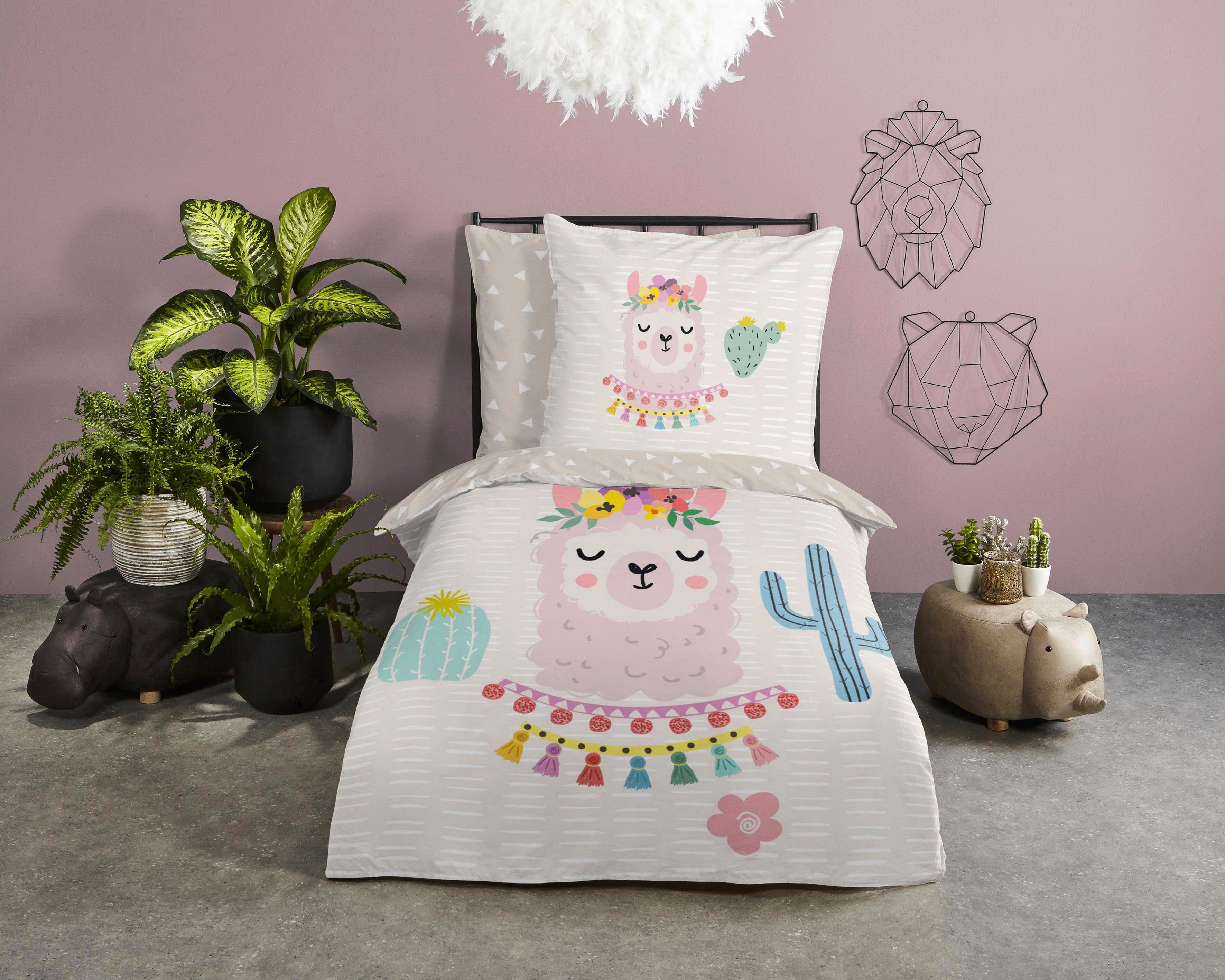 good morning Kinderovertrekset Llama Katoen, 135x200, Rits, Omkeerbaar, Kind, Lama, Meisje (2-delig)