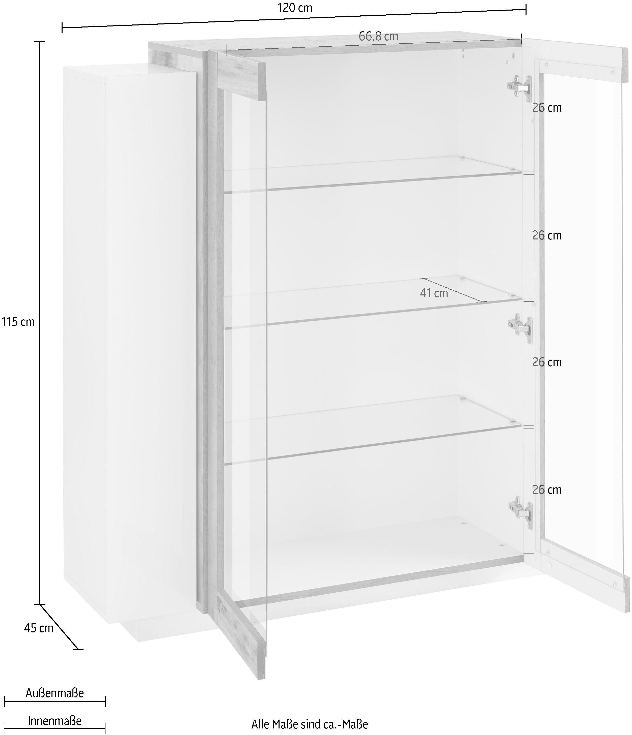 INOSIGN Vitrinekast Coro, vitrinekast, glazen vitrinekast, vitrinekast, opbergruimte vitrinekast 2 glazen deuren, 2 houten deuren, dubbele diepte, hoogglans fronten, hoogte 126