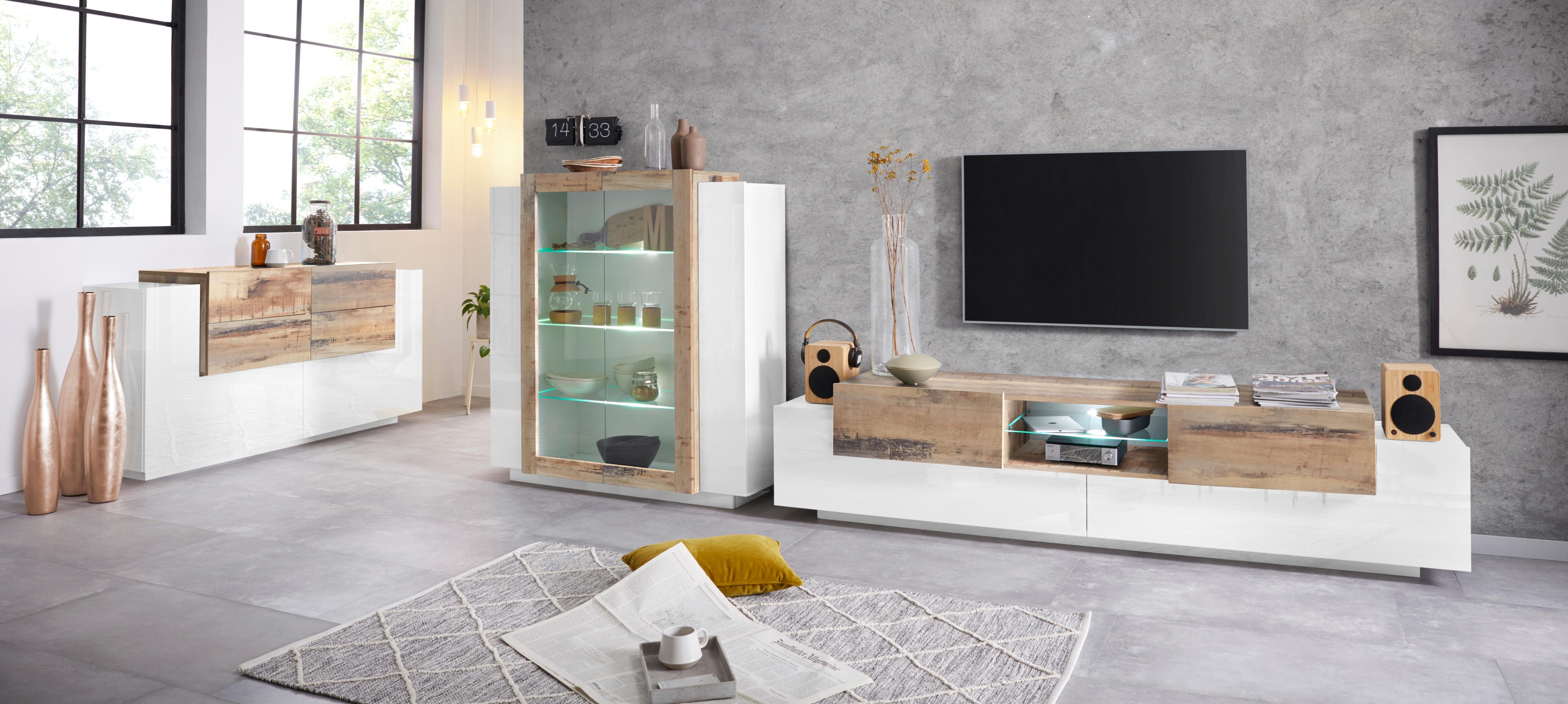 INOSIGN Tv-meubel Coro, lowboard, TV-commode, TV-meubelen, TV-bank met 2 kleppen, 2 deuren, 1 glazen plank, breedte 220