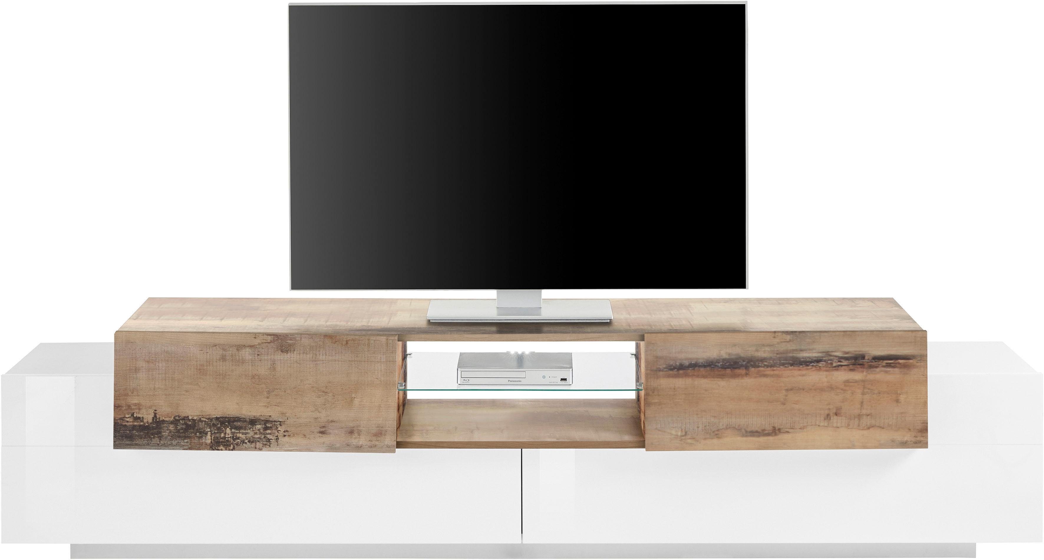 INOSIGN Tv-meubel Coro, lowboard, TV-commode, TV-meubelen, TV-bank met 2 kleppen, 2 deuren, 1 glazen plank, breedte 220