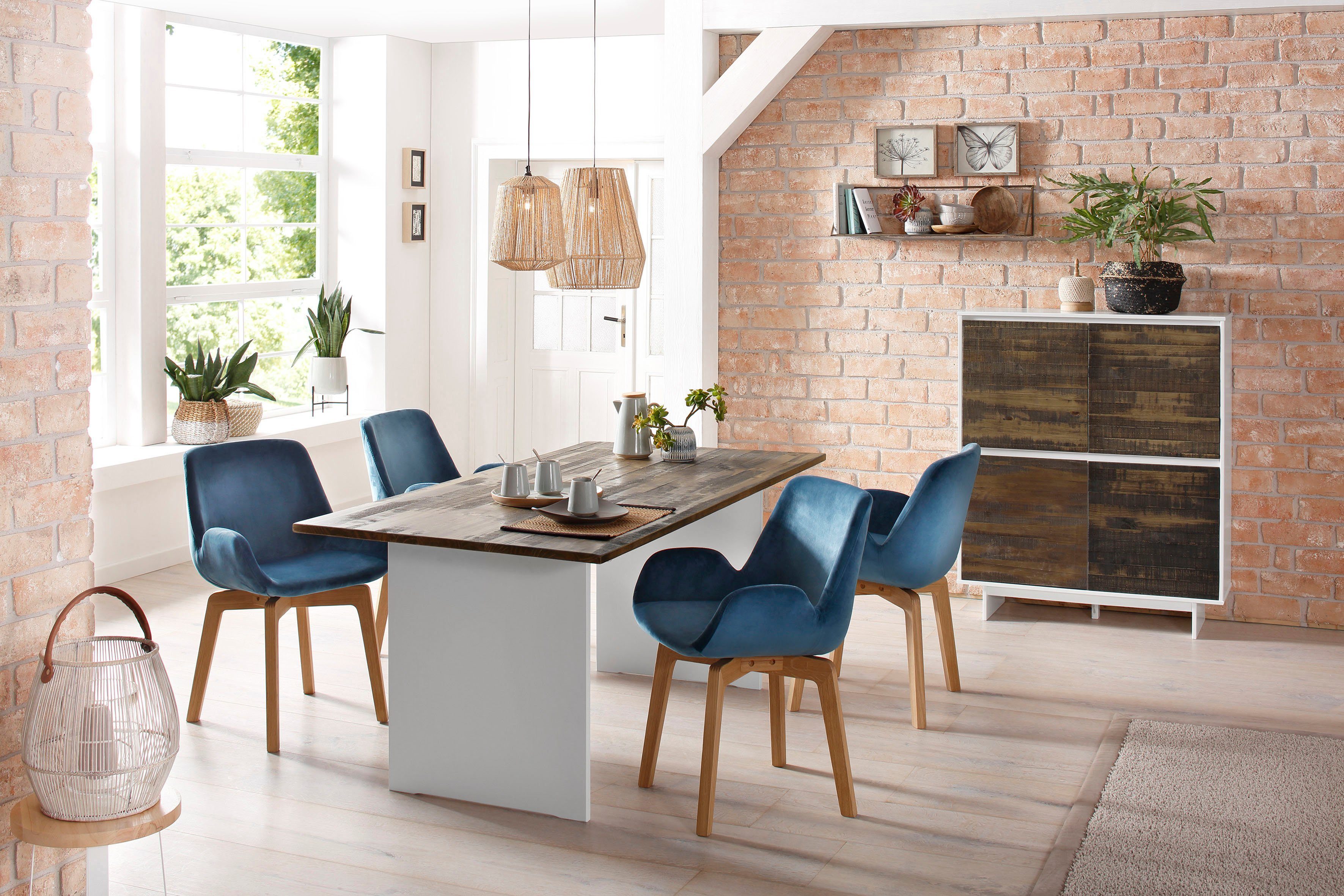 Home affaire Highboard Morgan midischrank hoge kast van massief grenenhout, met ingefreesde verzonken grepen, breedte 120 cm