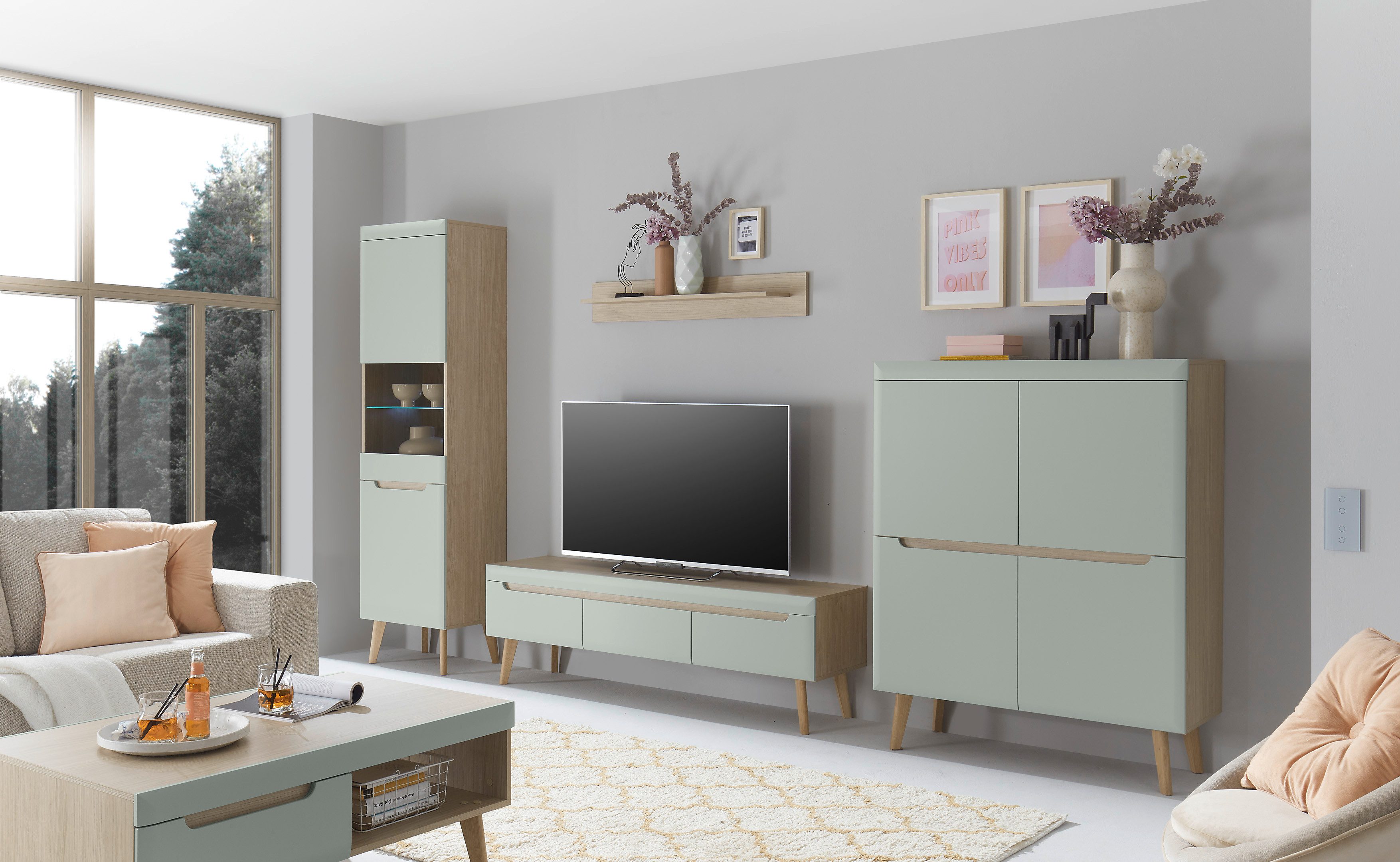 INOSIGN Wandmeubel Torge, wandmeubel, kastwand, mediawand, woonkamer-set bevat 1 vitrine, 1 lowboard, 1 highboard + 1 wandplank, 360 cm breed (set, 4-delig)