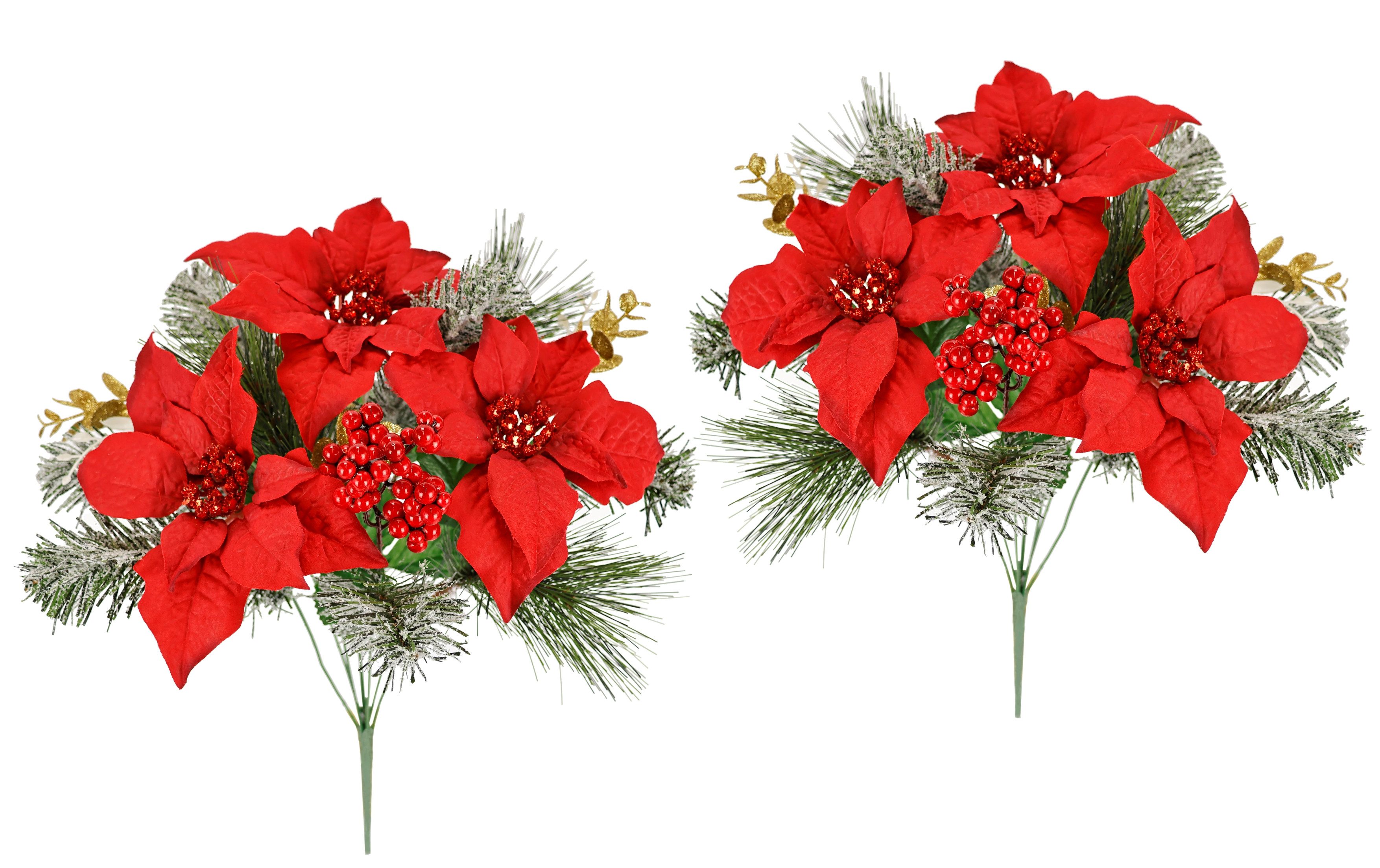 I.GE.A. Boeket kunstbloemen Boeket poinsettia/bessen/dennentakken set van 2 kerstbloemen kerstdecoratie adventdecoratie kerstster decor (2 stuks)