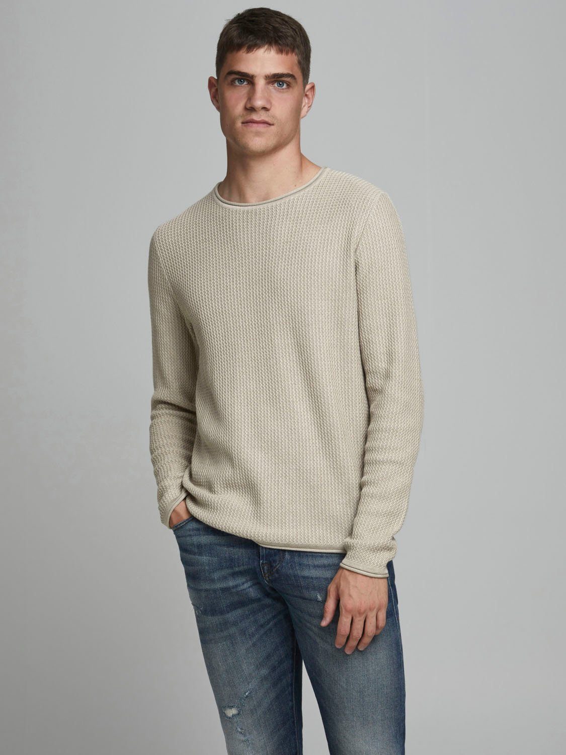 Jack & Jones Trui met ronde hals Carlos heren pullovers maat XS (44/46) beige