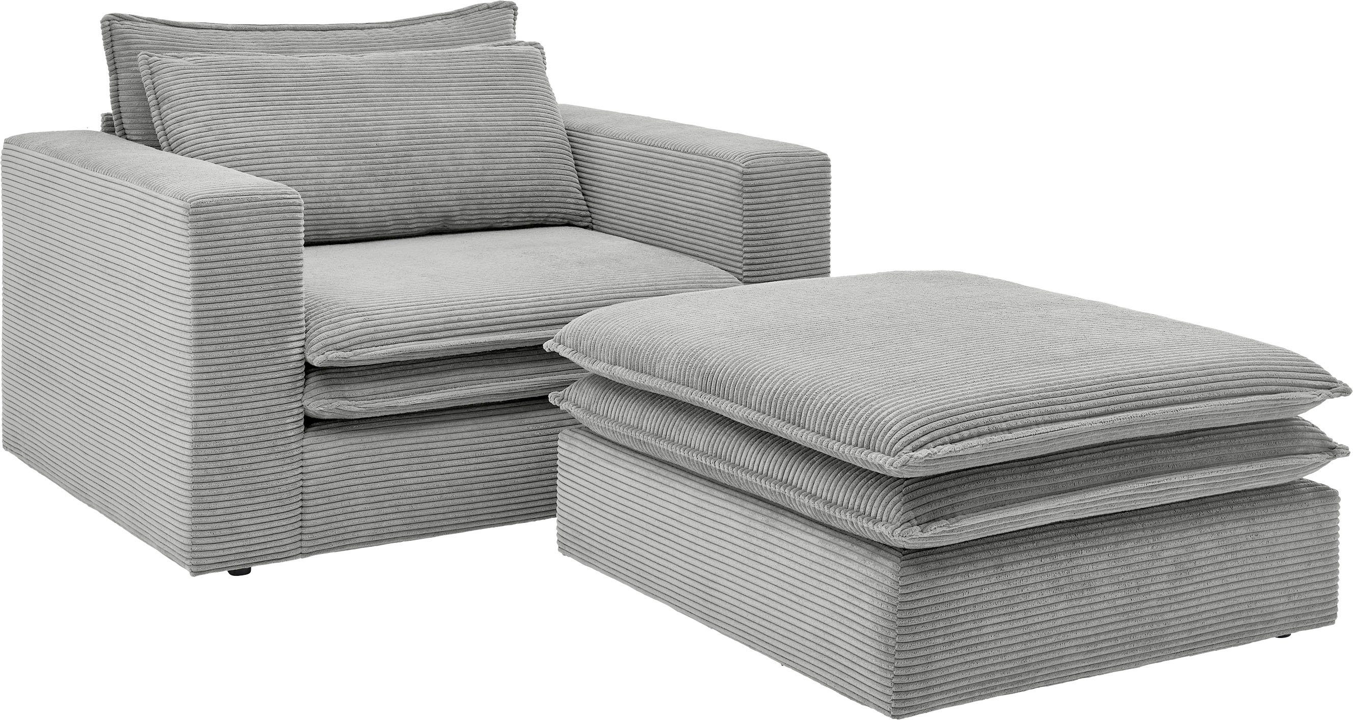 Places of Style Zithoek PIAGGE Hoogwaardige cord, fauteuil en hocker klein als set (2-delig)