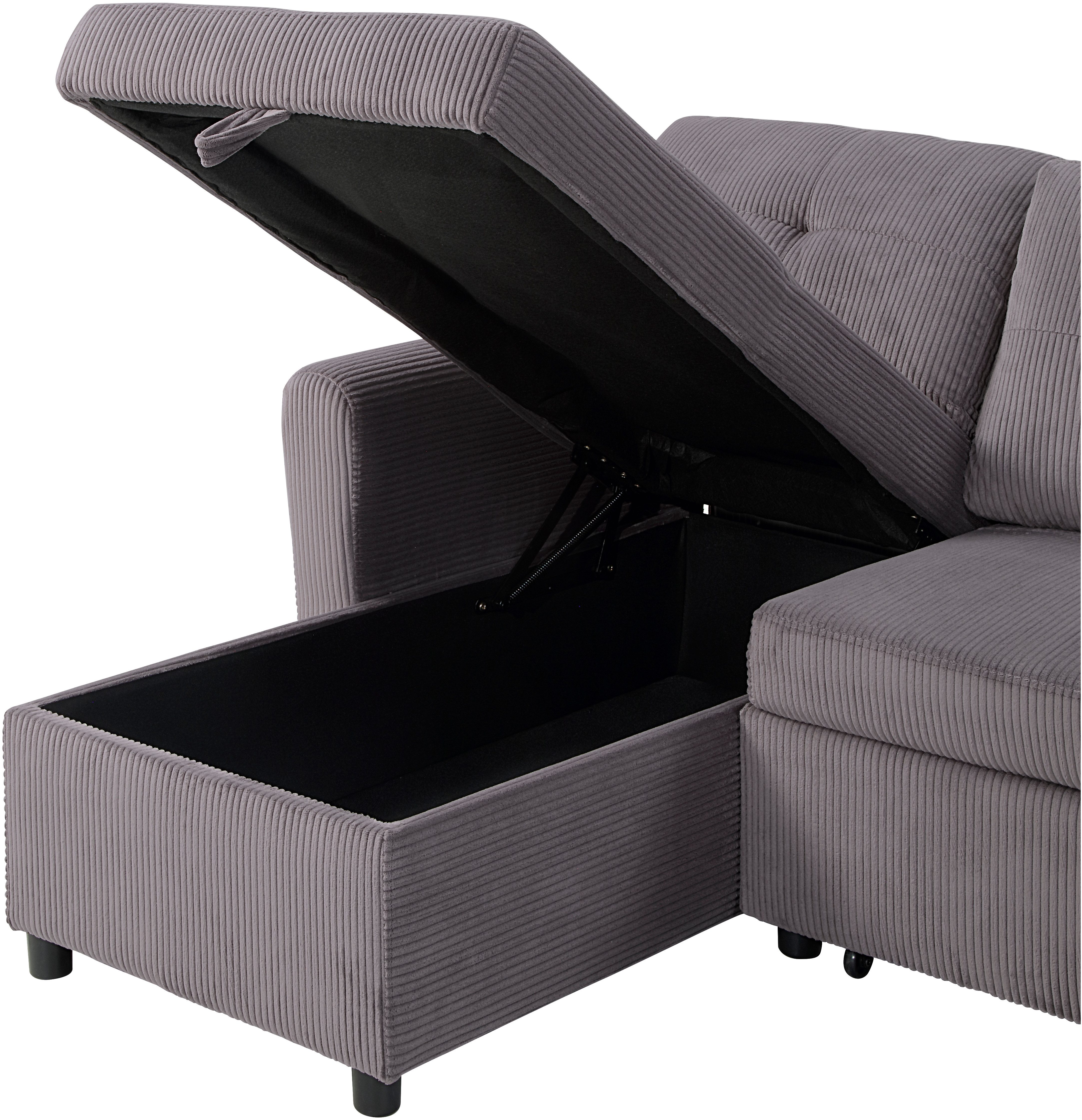 ATLANTIC home collection Hoekbank Gustavo L-vorm met slaapfunctie, opbergruimte & zijzakken