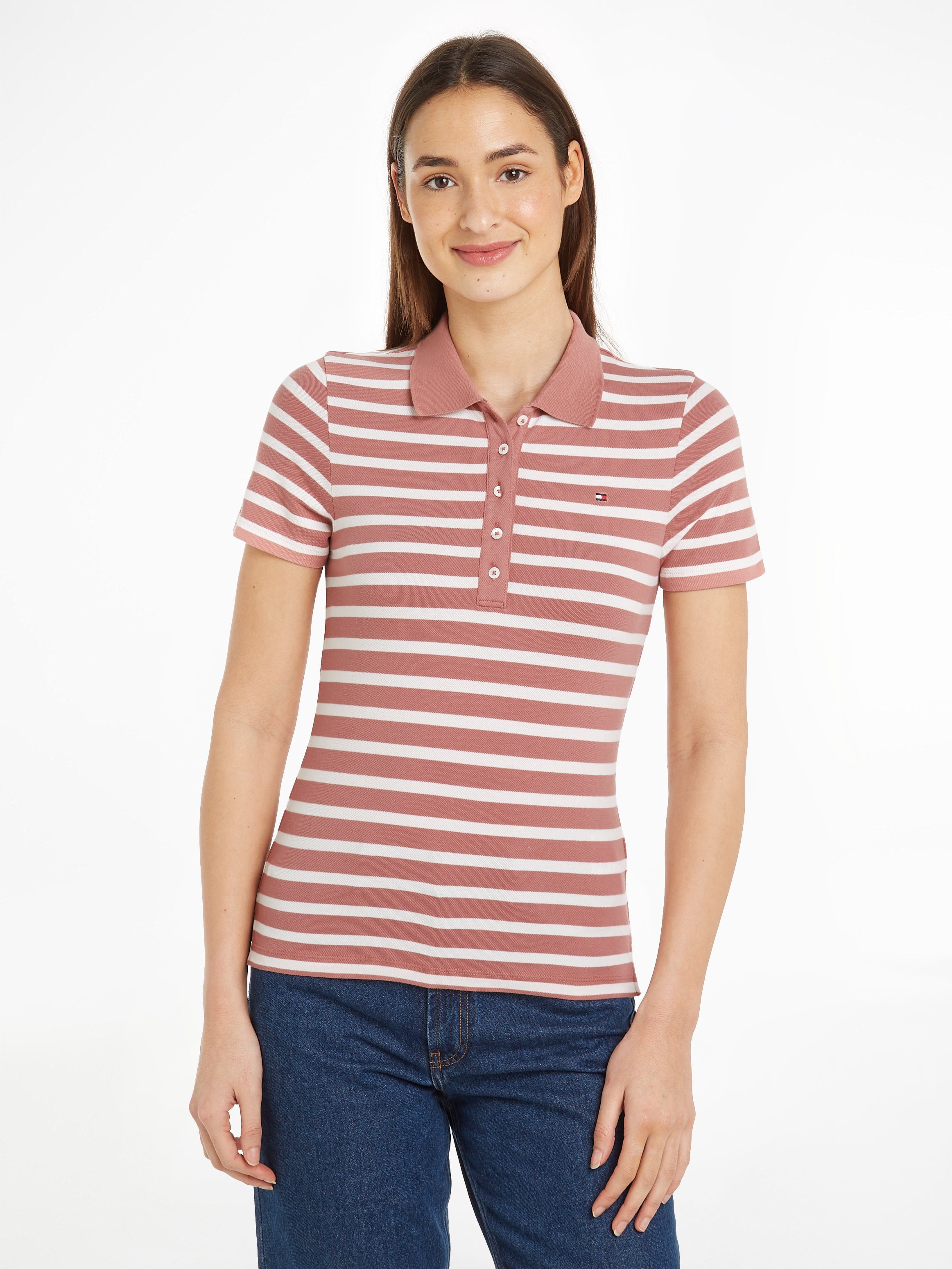 Tommy Hilfiger Poloshirt 1985 SLIM PIQUE STRIPE POLO SS met discreet geborduurd tommy hilfiger logo dames polo's maat XS (34) roze