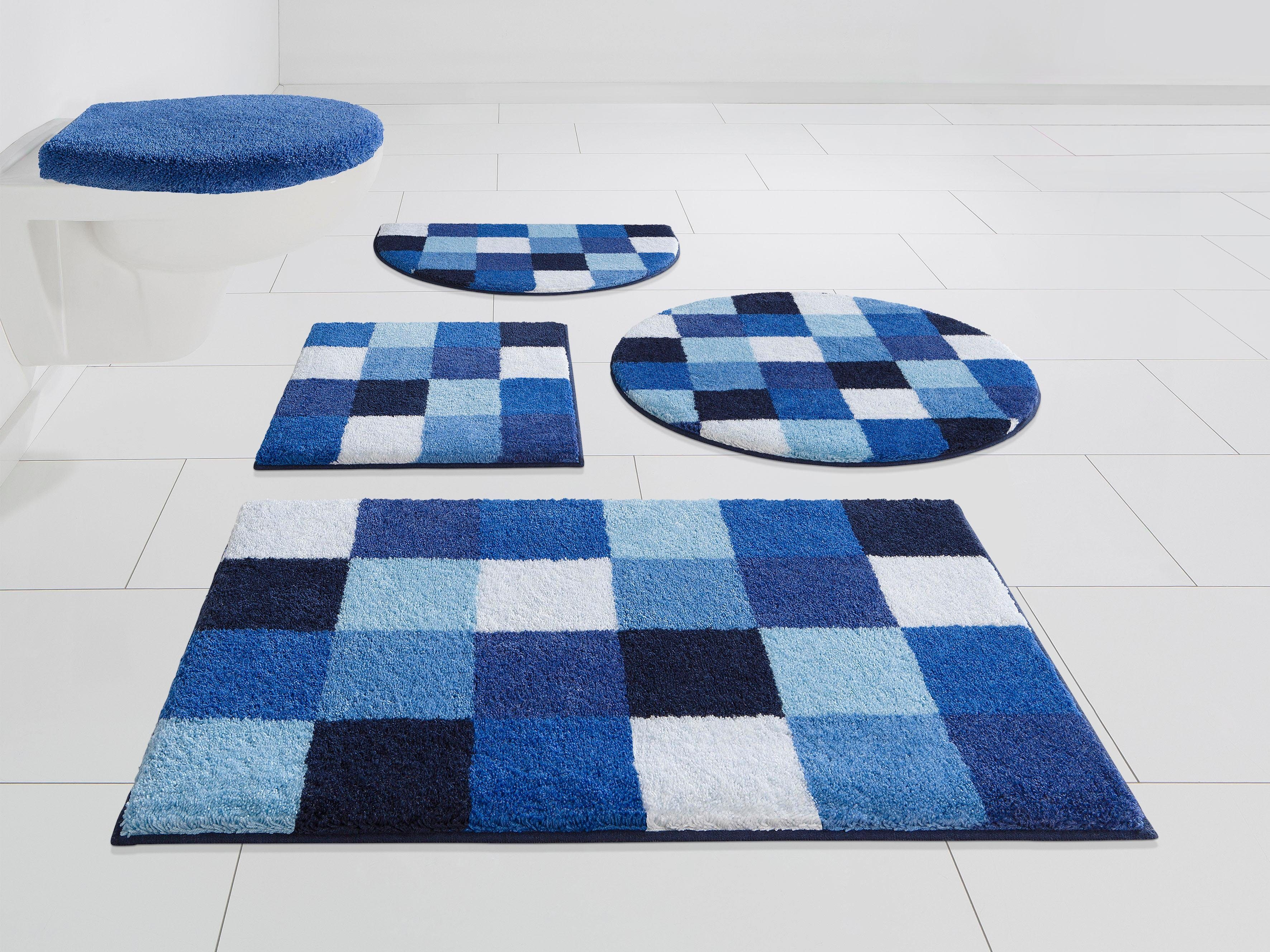 Grund Badmat Mozaïek aangenaam zacht, ook verkrijgbaar als 3-delig set, made in europe badmatten maat 3-delige set voor hangend toilet blauw
