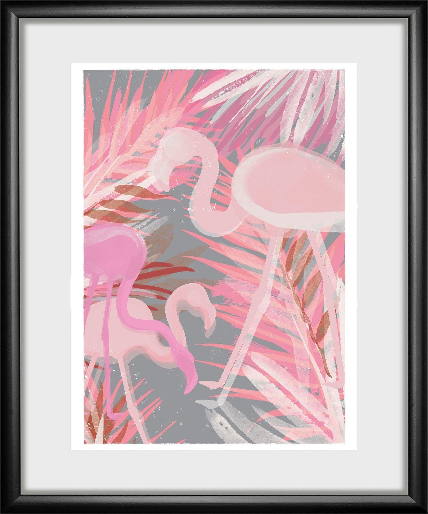 queence Wanddecoratie Flamingo HD premium posterdruk incl. houten lijst schilderijen multicolor