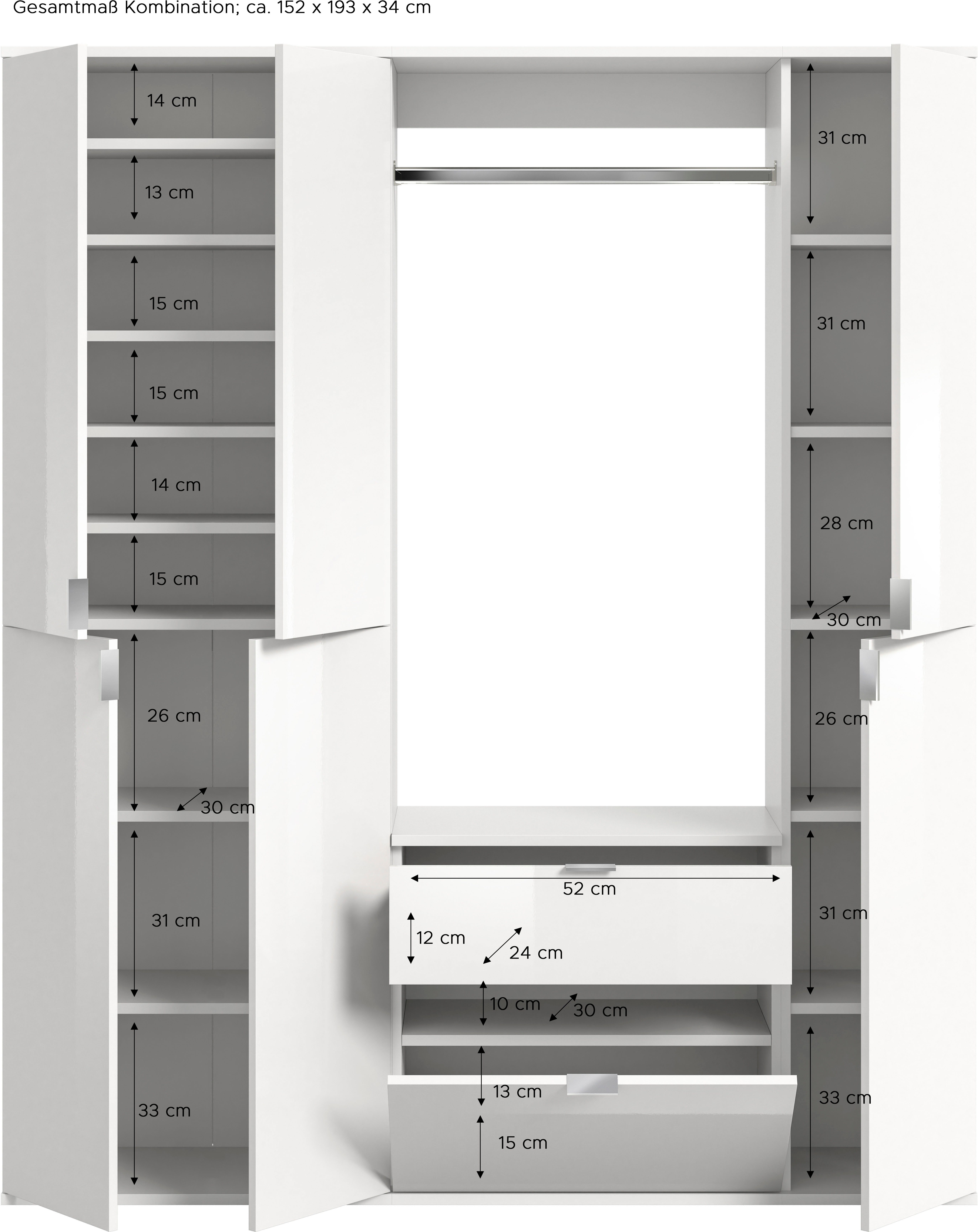 INOSIGN Halmeubelset Trondheim, Breedte 152 cm, 5-delig, bestaande uit: 2x garderobekast, 1 commode, 1 kledingstang, 1 legplank (set, 4-delig)