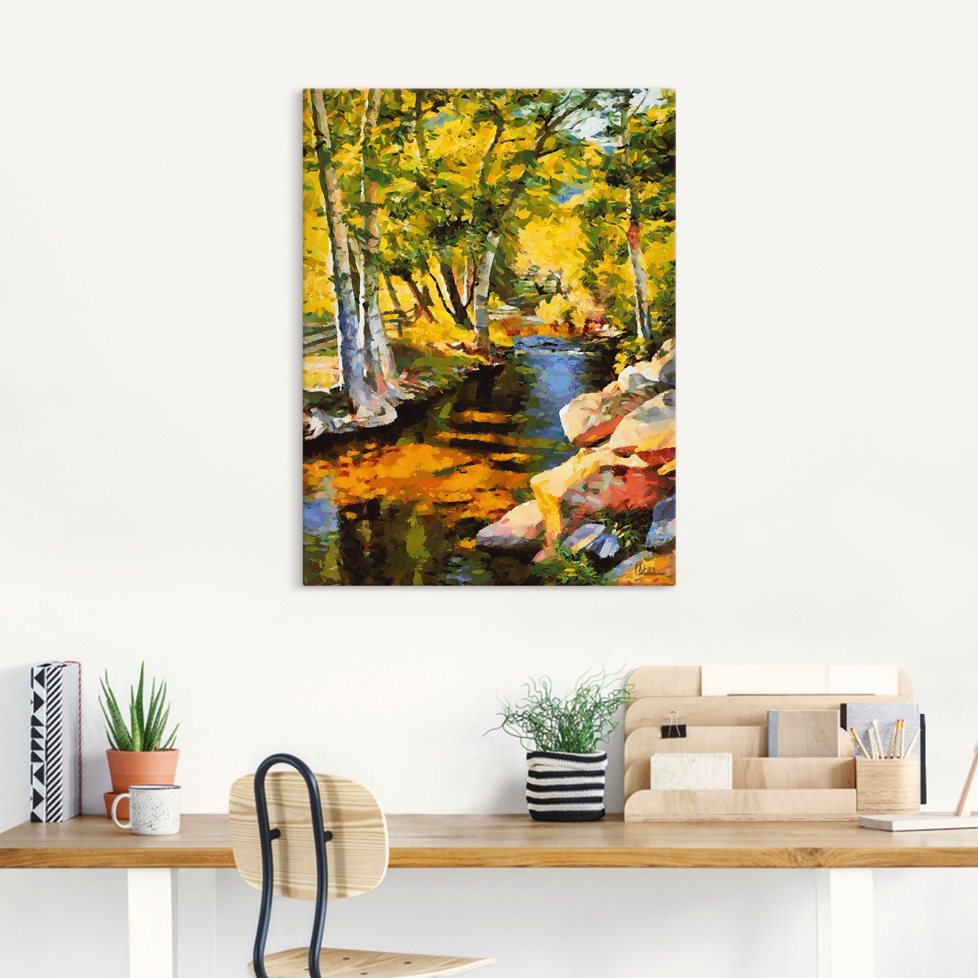 Artland Artprint op linnen Beek met rots gespannen op een spieraam