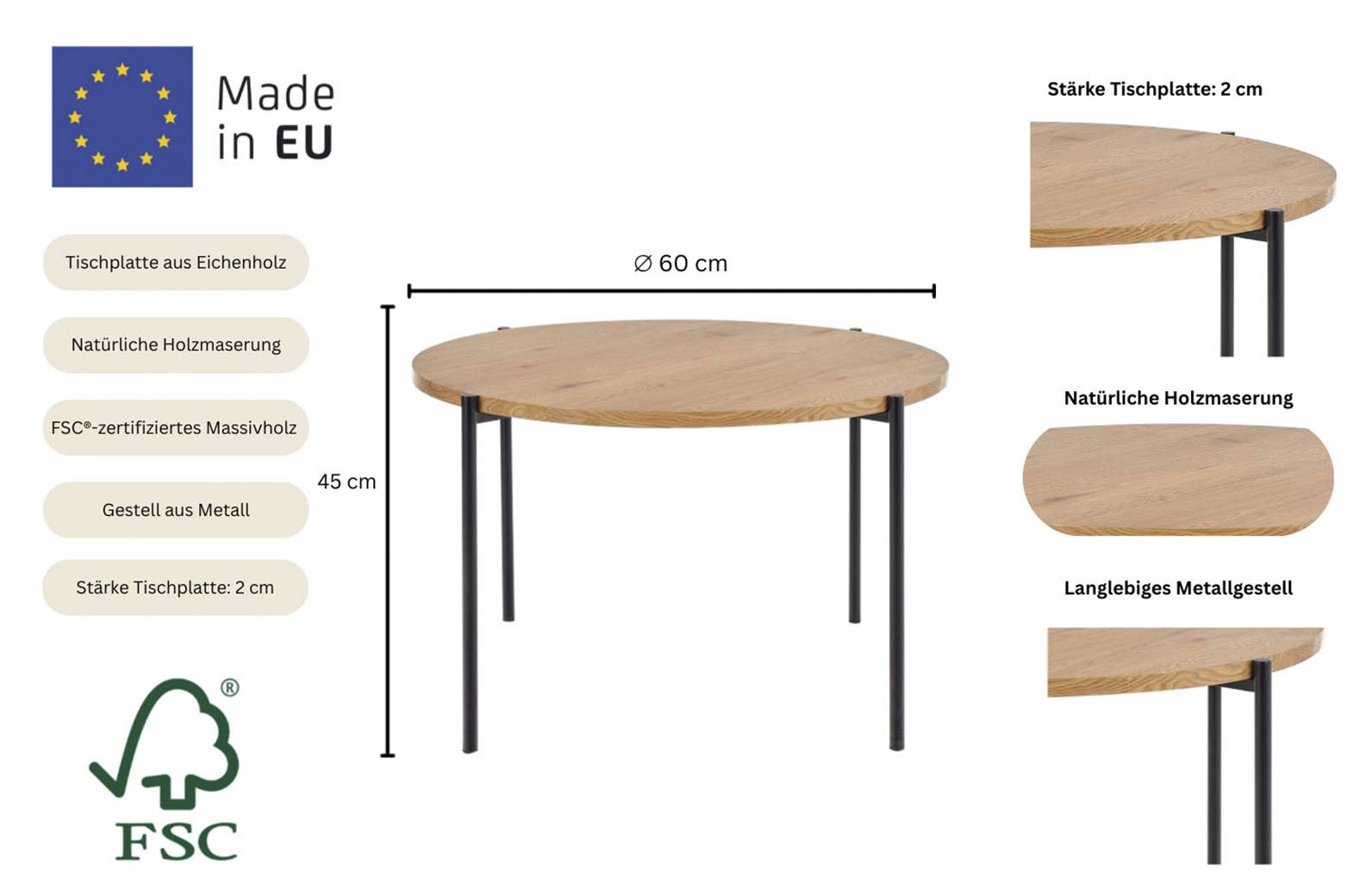 andas Salontafel Vantaa Eettafel, tafelblad van eikenhout, D Ø 60 cm, metalen frame