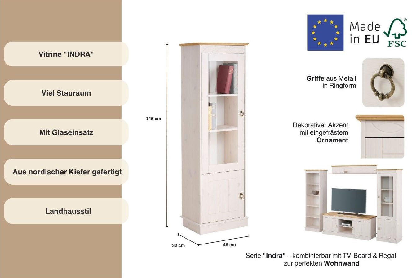 Home affaire Vitrinekast Indra van massief dennenhout, fsc®, 2-delig, hoogte 145 cm, discreet ornament