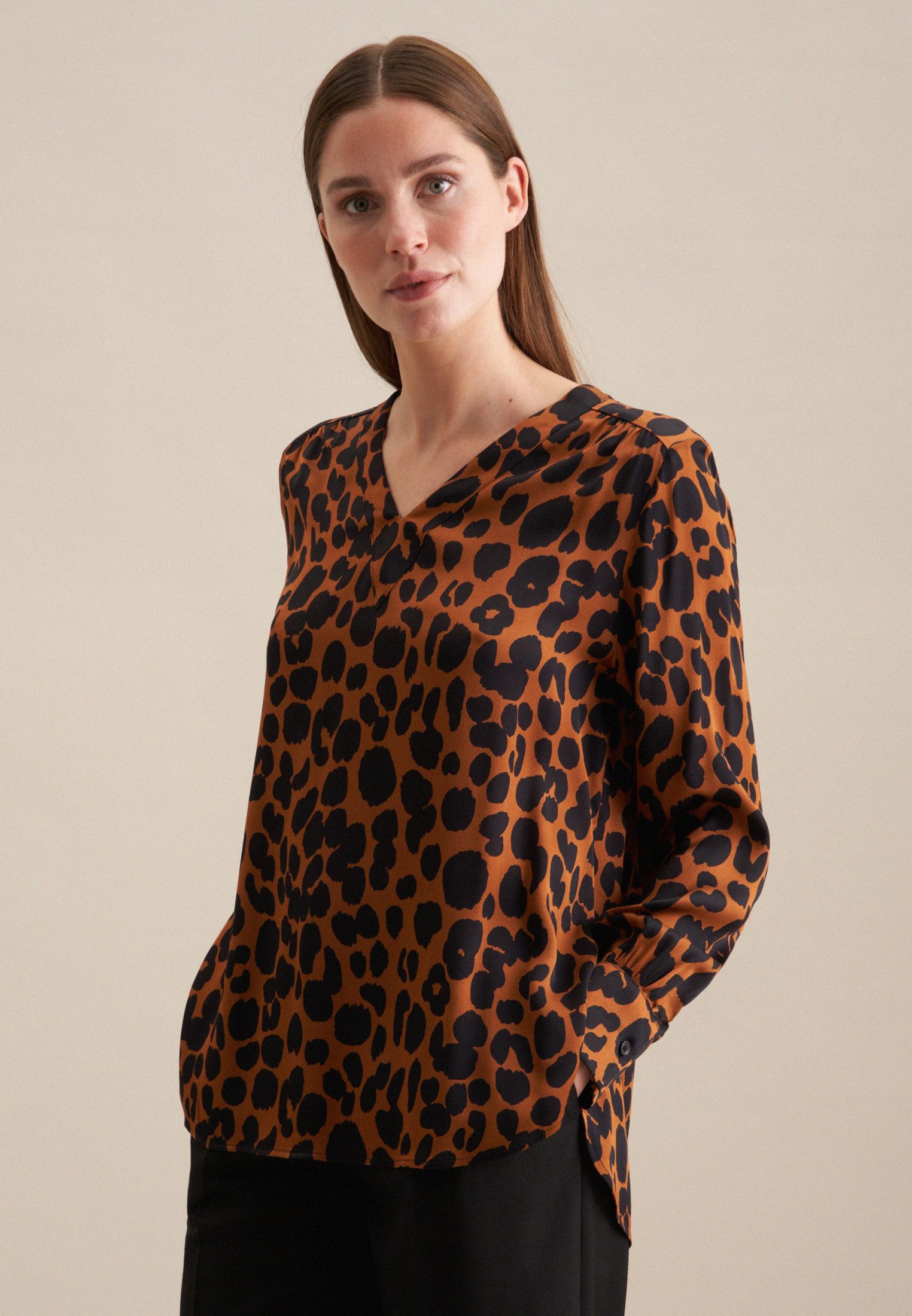 Seidensticker Shirtblouse Zwarte roos Lange mouwen V-hals print